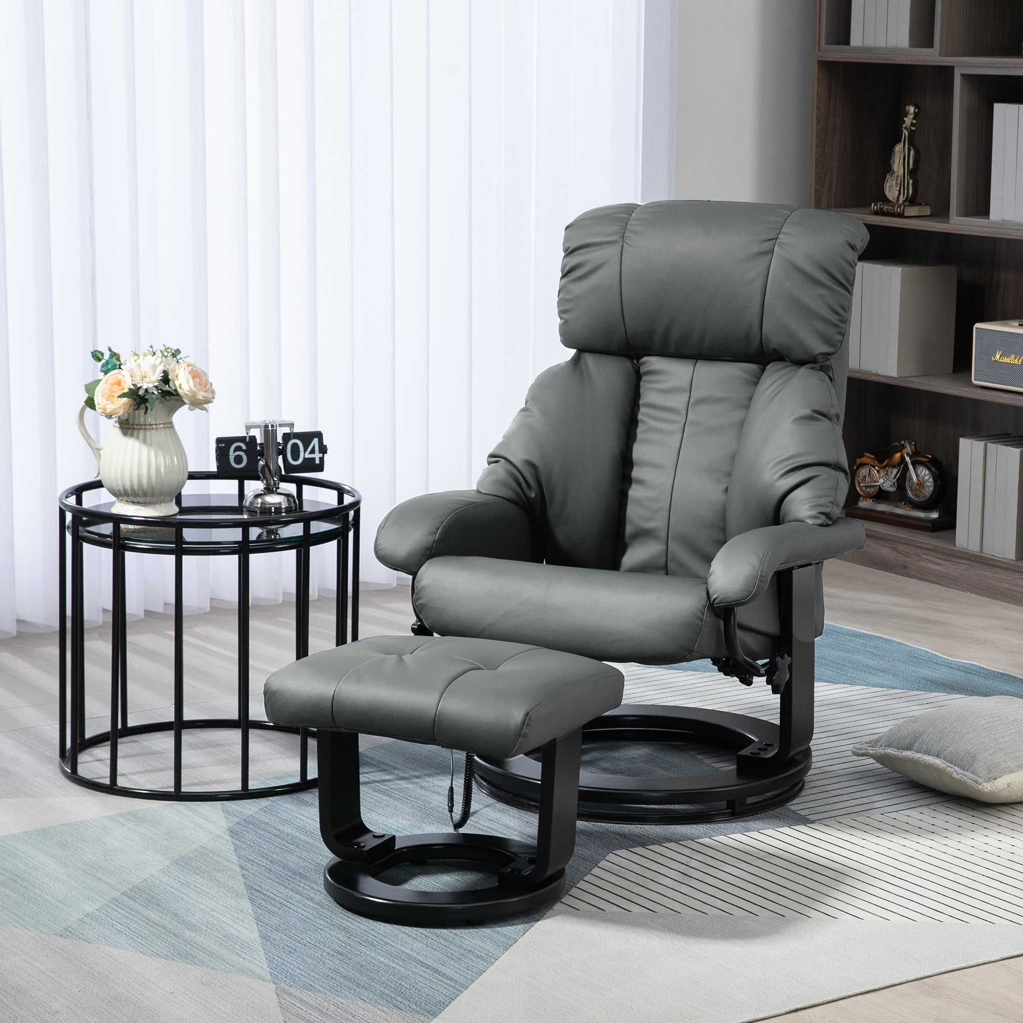 Swivel Recliner with Ottoman, Faux Leather Reclining Chair with Massage, Gray