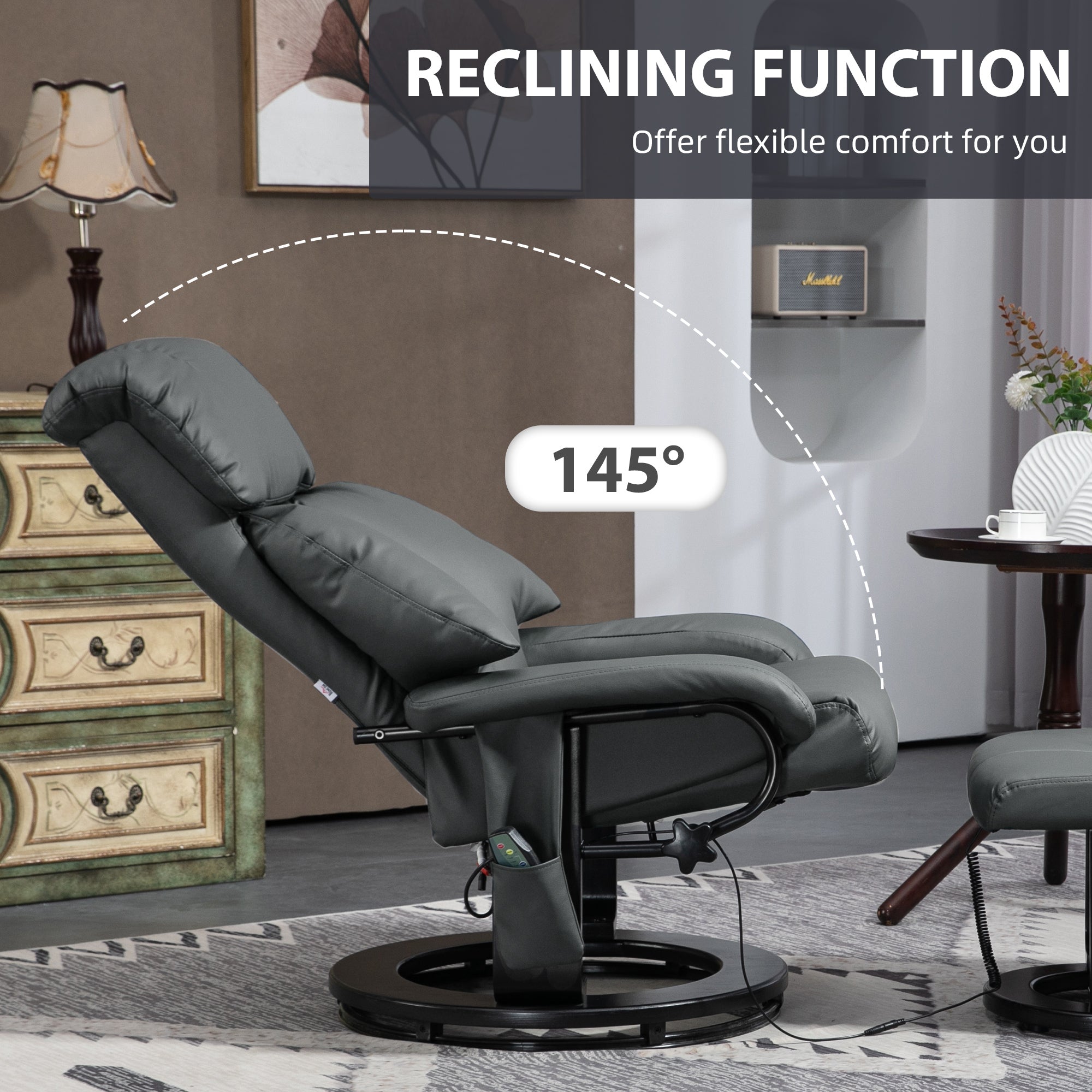 Swivel Recliner with Ottoman, Faux Leather Reclining Chair with Massage, Gray