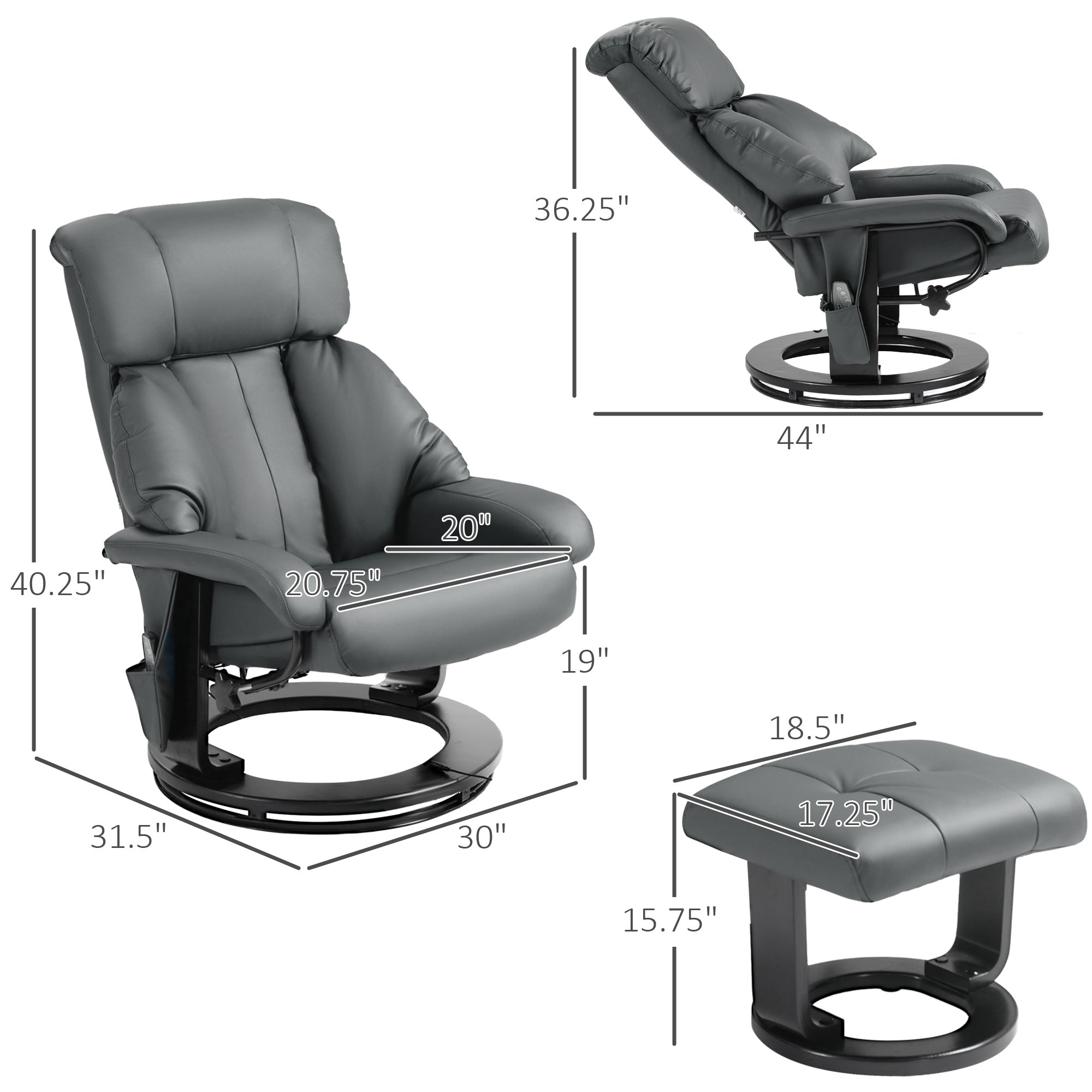 Swivel Recliner with Ottoman, Faux Leather Reclining Chair with Massage, Gray