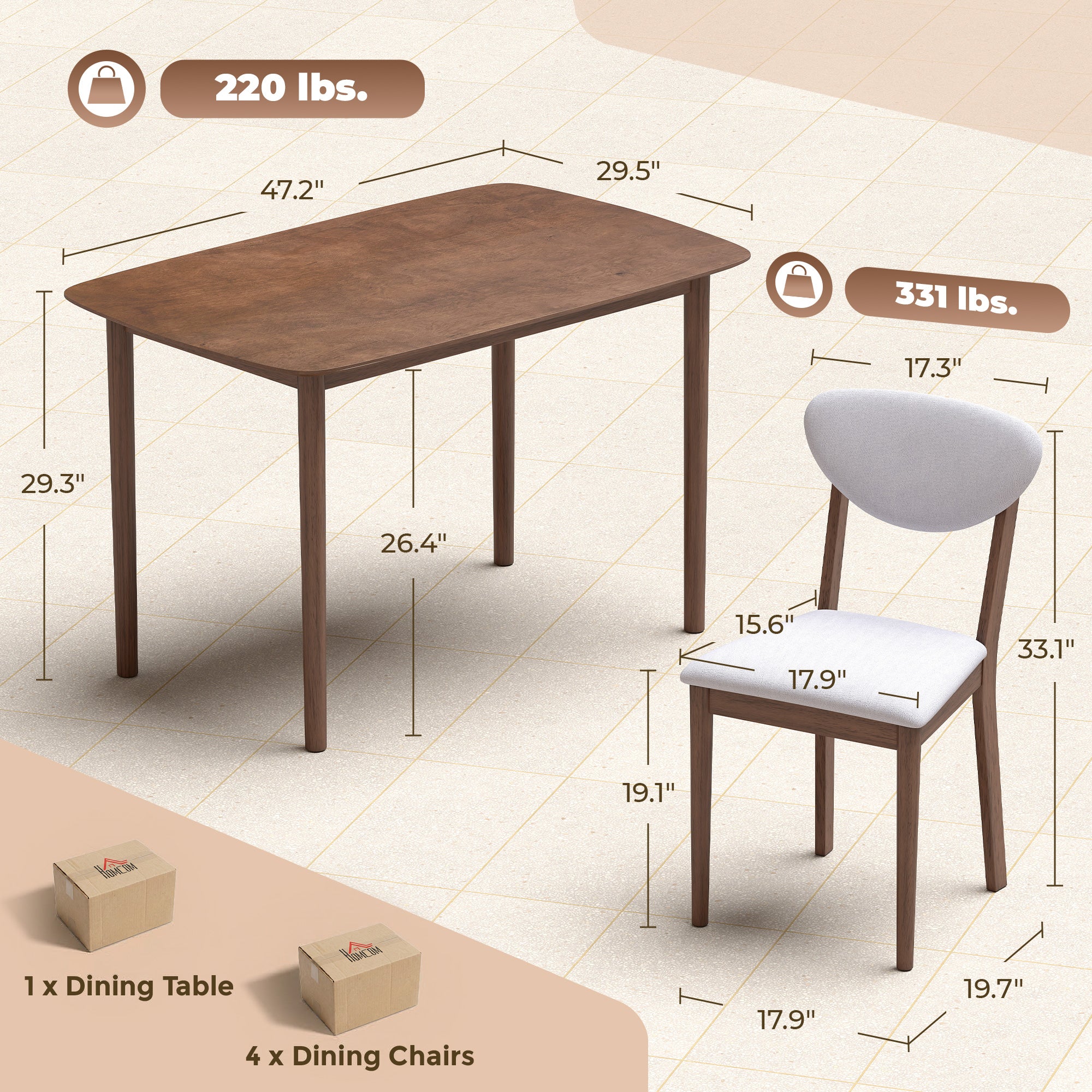 5-Piece Dining Table Set for 4, Mid-Century Modern Kitchen Table and Chairs with Padded Seats and Backrests, Solid Wood Frame for Small Space, Dining Room, Living Room, Light Gray