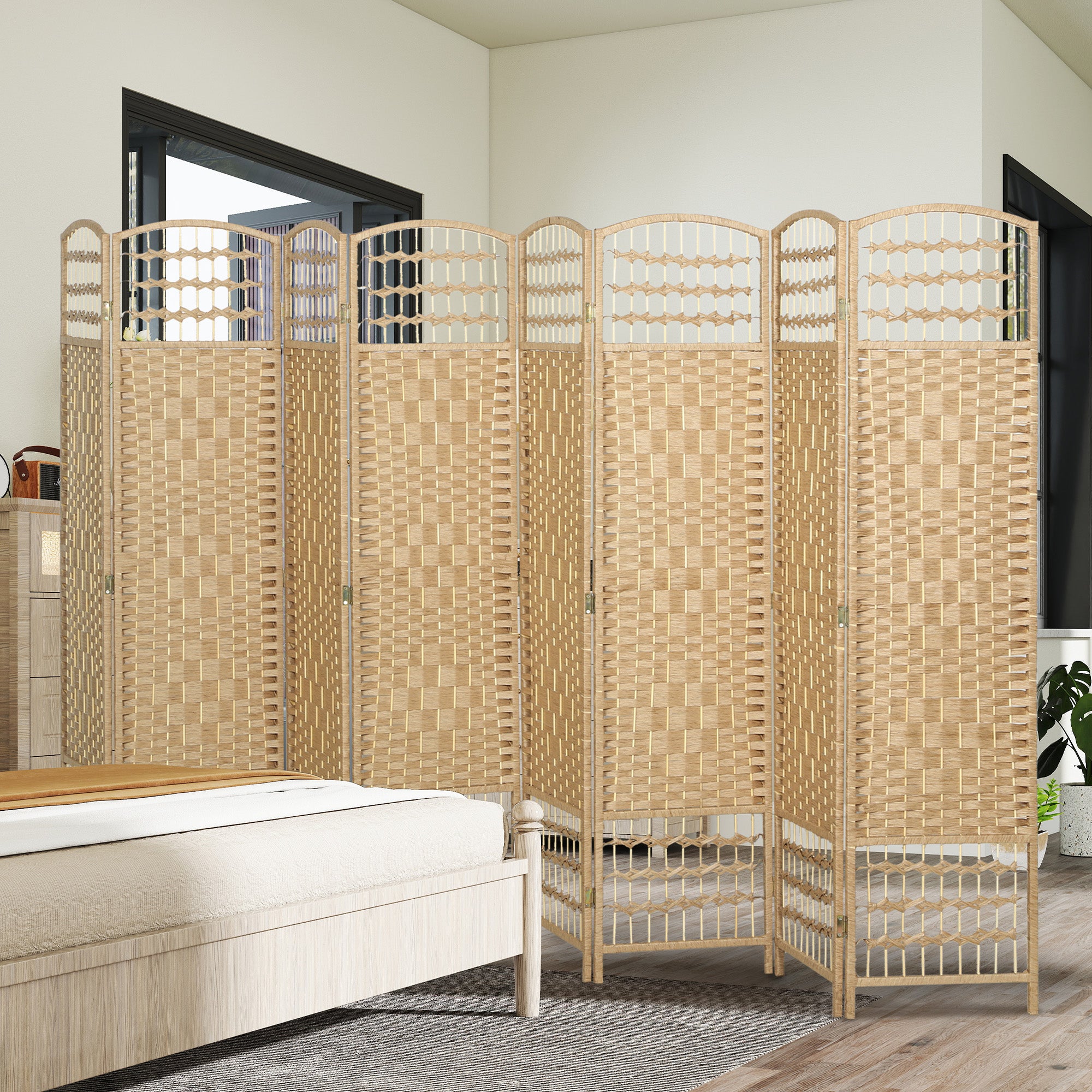 8 Panel Room Divider, 5.6 ft Tall Folding Privacy Screen, Wave Fiber Freestanding Partition Wall Divider for Home Office, Natural