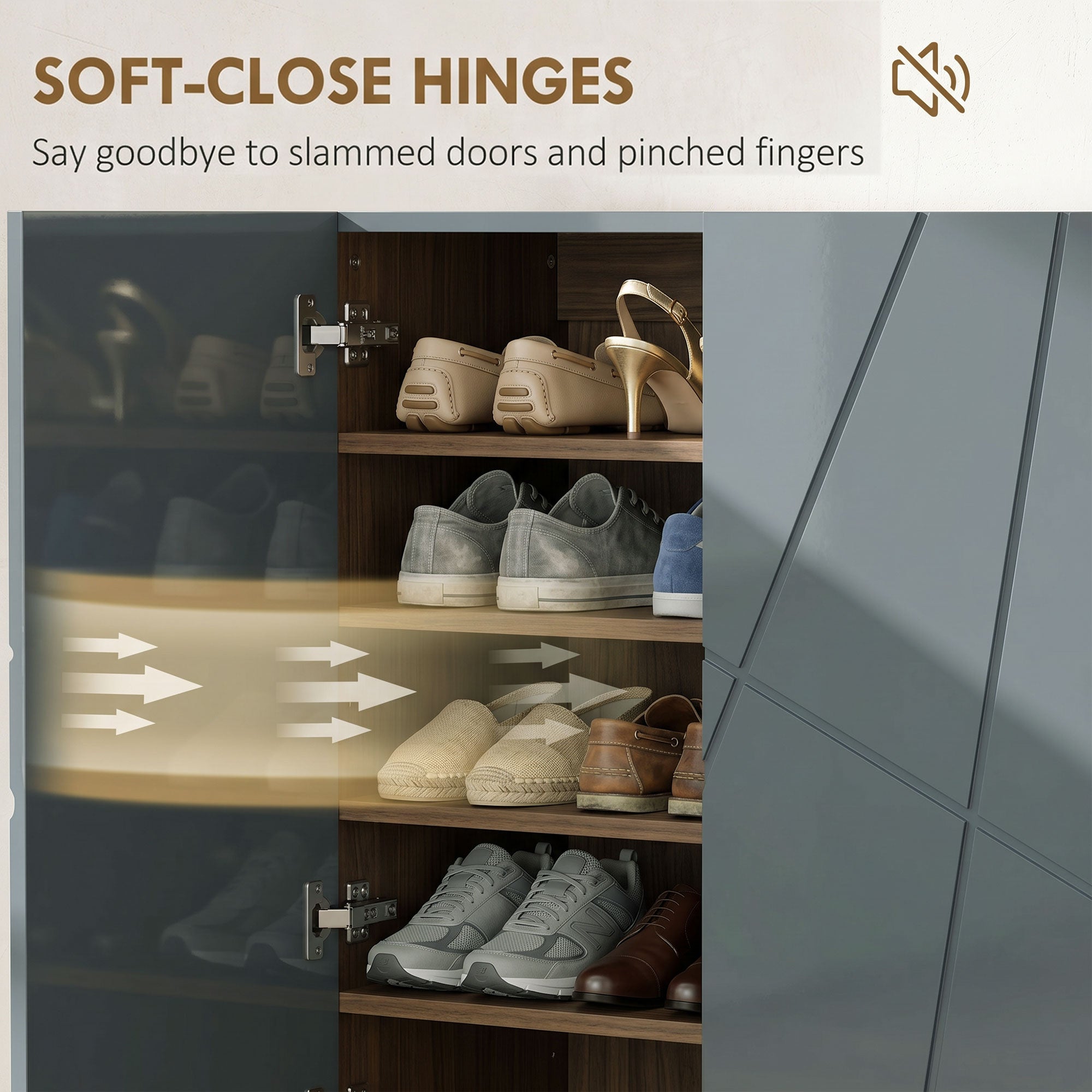 Narrow Shoe Cabinet, Slim Shoe Storage Cabinet with Soft-Close Hinges and Adjustable Shelves for 15-20 Pairs of Shoes, Grey