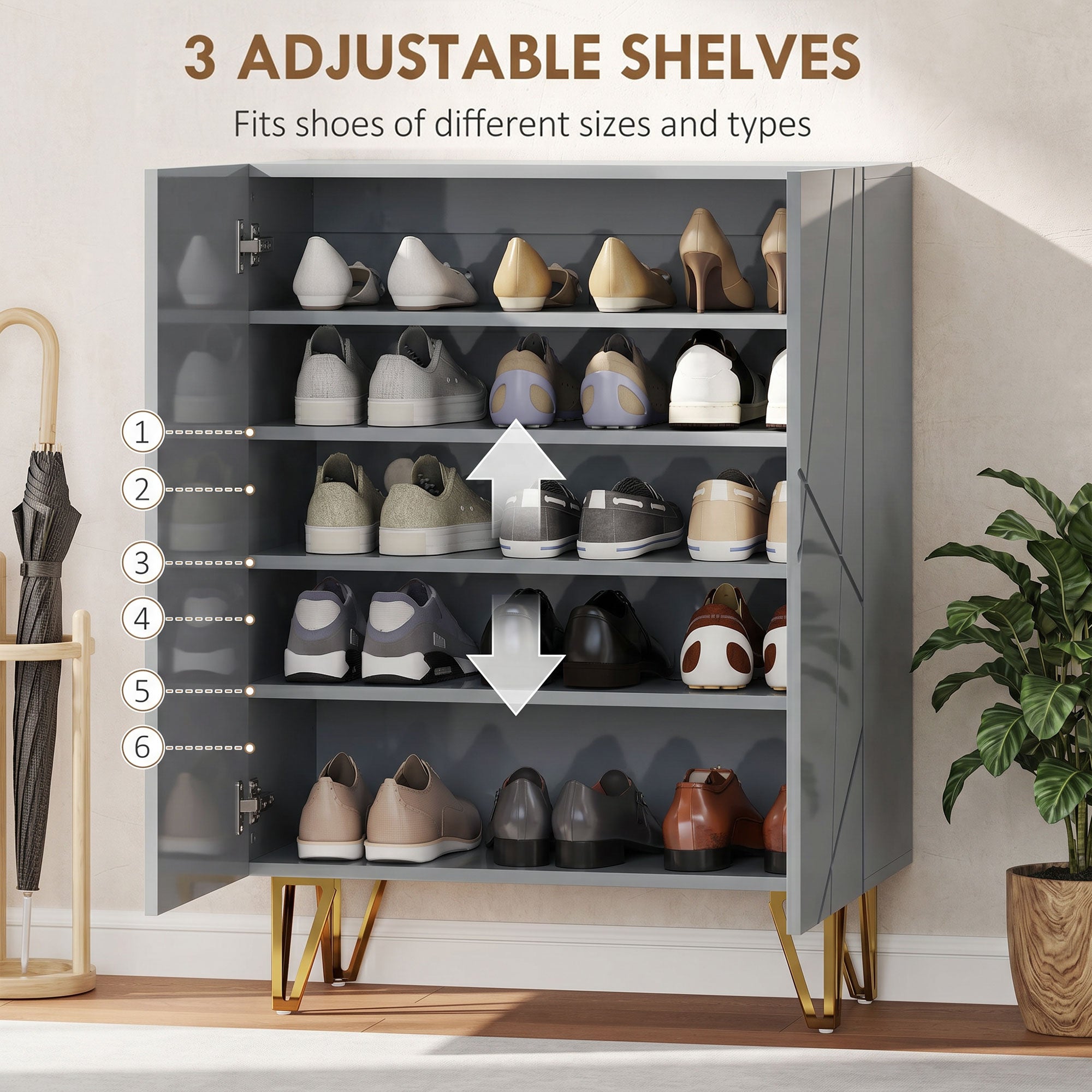 Narrow Shoe Cabinet, Slim Shoe Storage Cabinet with Soft-Close Hinges and Adjustable Shelves for 15-20 Pairs of Shoes, Grey
