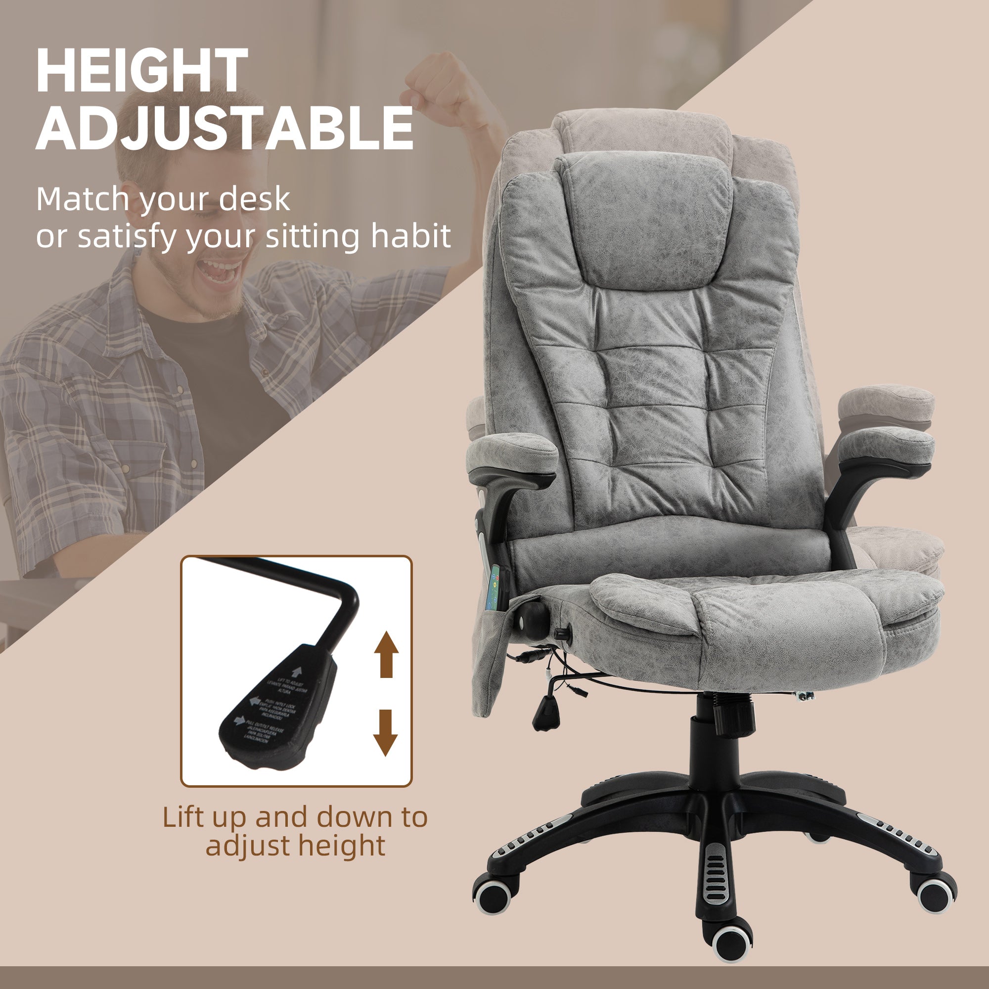 Vinsetto Office Chair, Ergonomic Desk Chair with 6-Point Massage and Back Heated, Microfiber Cloth Computer Gaming Chair with Arms, Lumbar Support, Gray