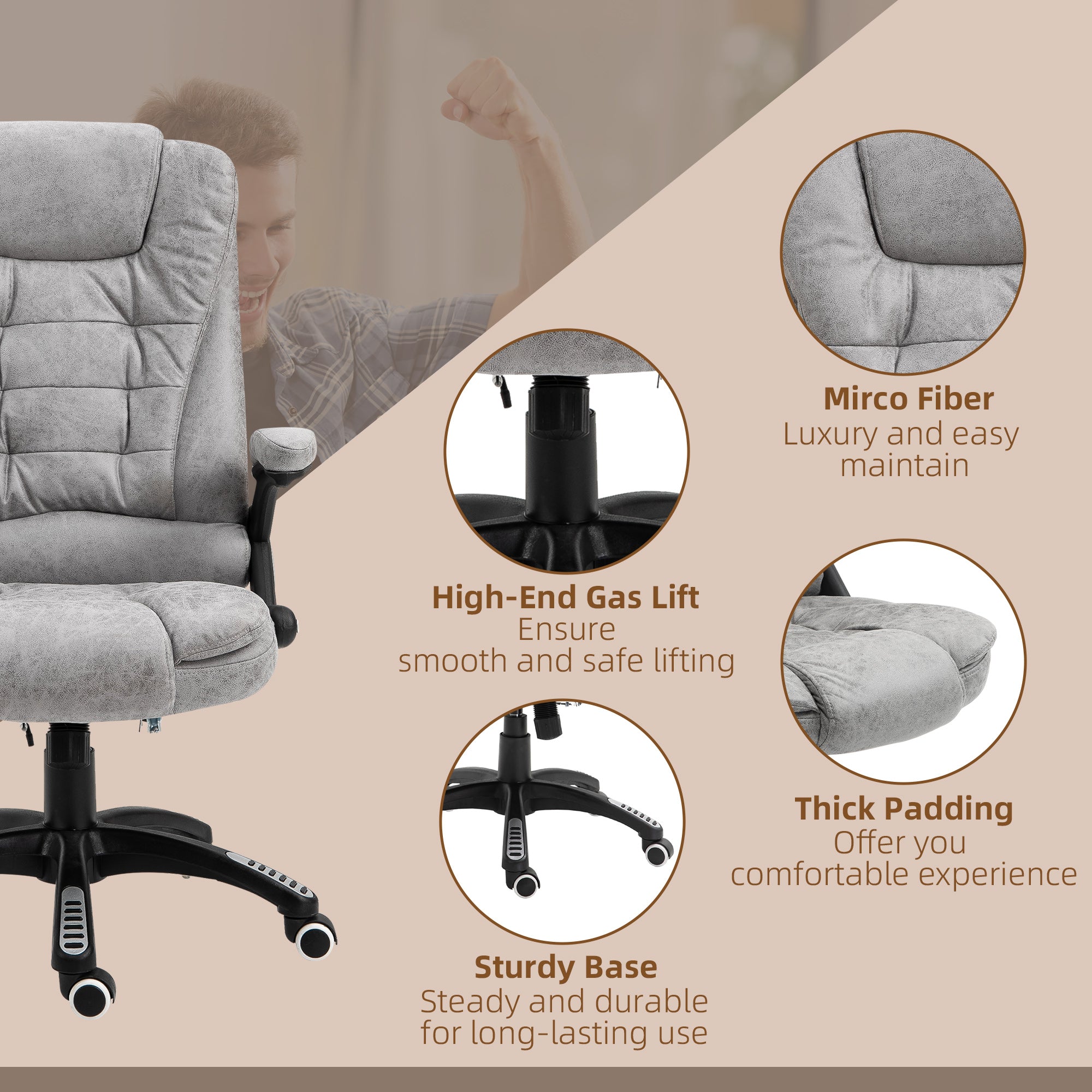 Vinsetto Office Chair, Ergonomic Desk Chair with 6-Point Massage and Back Heated, Microfiber Cloth Computer Gaming Chair with Arms, Lumbar Support, Gray