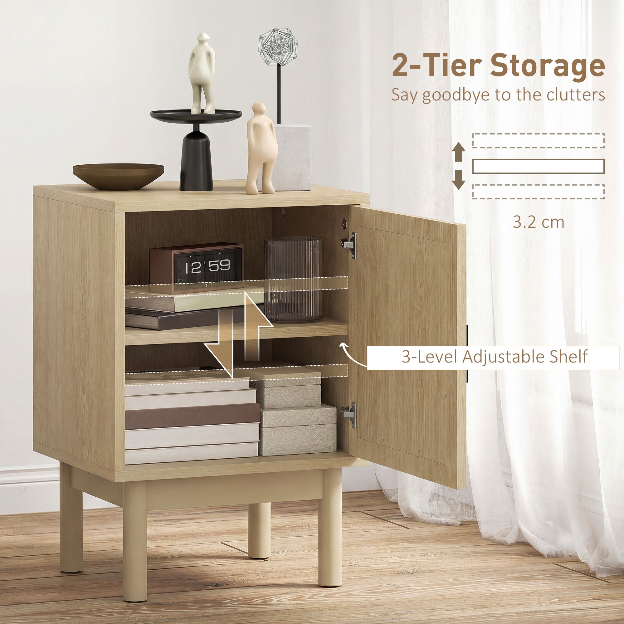 Rattan Bedside Table, Boho Bedside Cabinet with Adjustable Shelf and Solid Wood Legs, Side Table for Living Room, Bedroom, Natural Wood