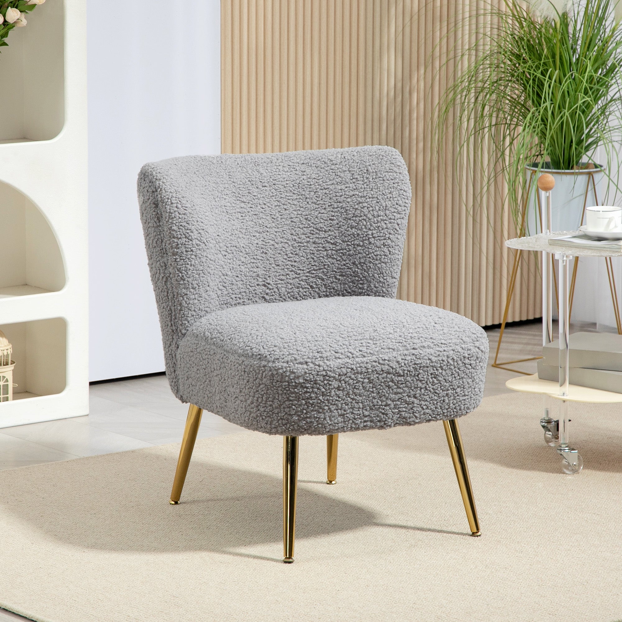 HOMCOM Armless Accent Chair for Bedroom, Upholstered Side Chairs for Living Room with Gold Steel Legs, Slipper Chair, Charcoal Grey