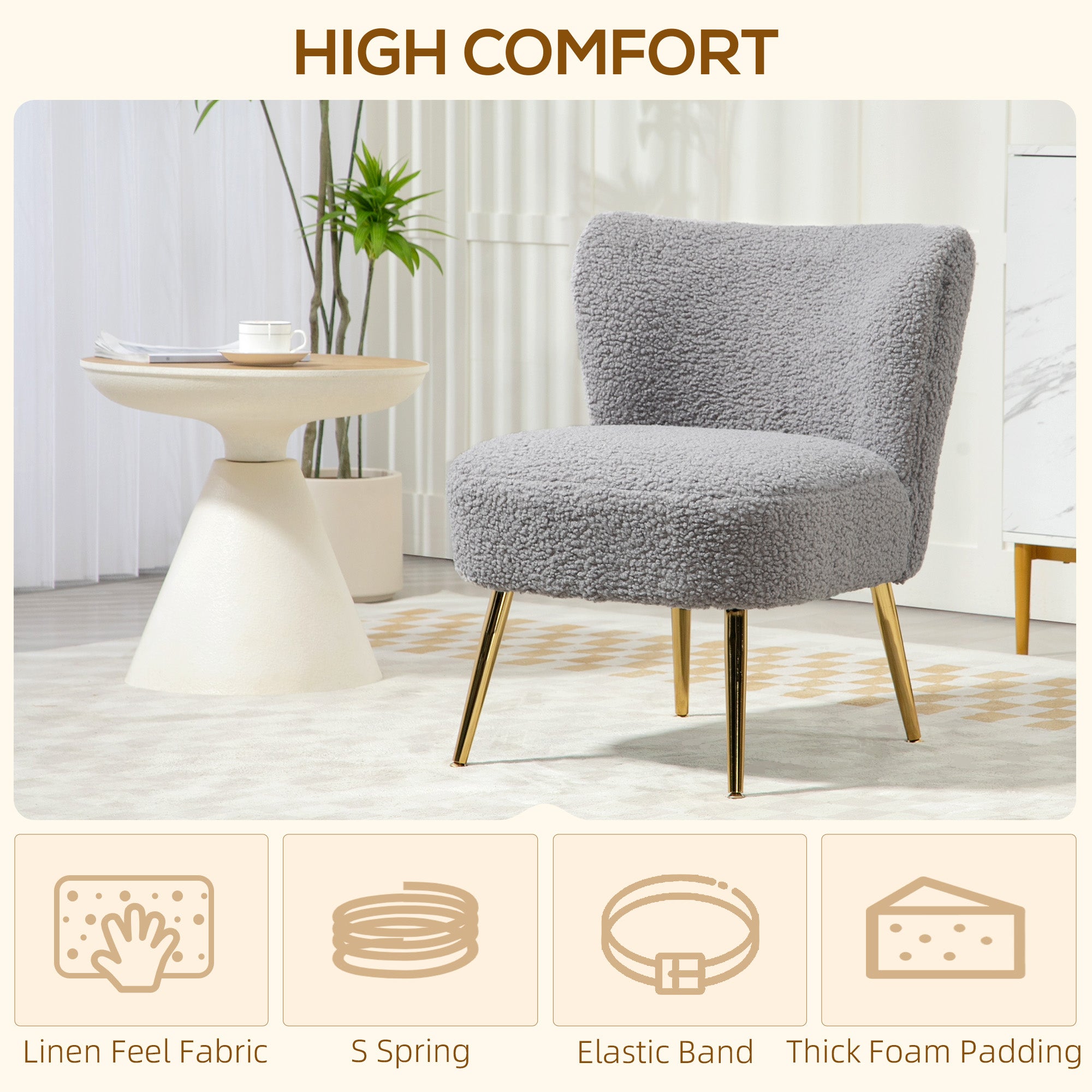 HOMCOM Armless Accent Chair for Bedroom, Upholstered Side Chairs for Living Room with Gold Steel Legs, Slipper Chair, Charcoal Grey