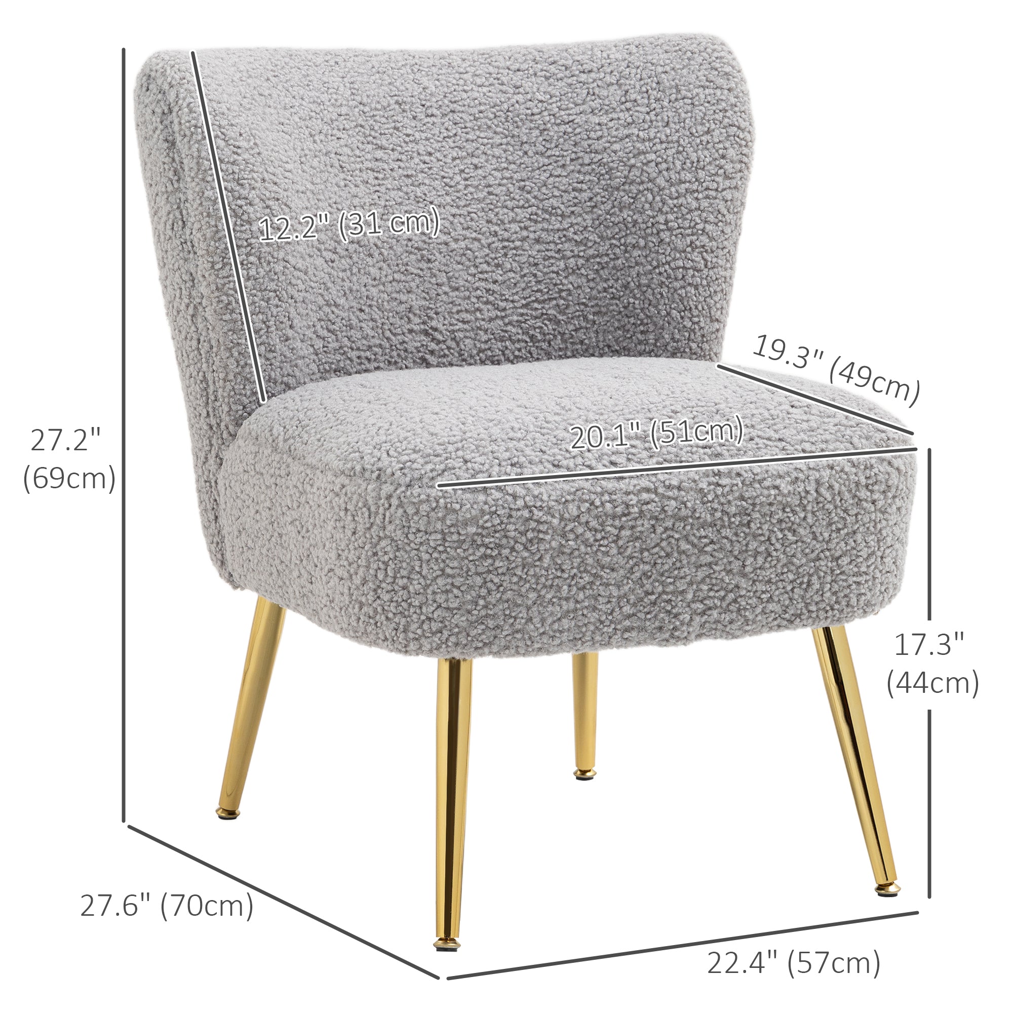 HOMCOM Armless Accent Chair for Bedroom, Upholstered Side Chairs for Living Room with Gold Steel Legs, Slipper Chair, Charcoal Grey