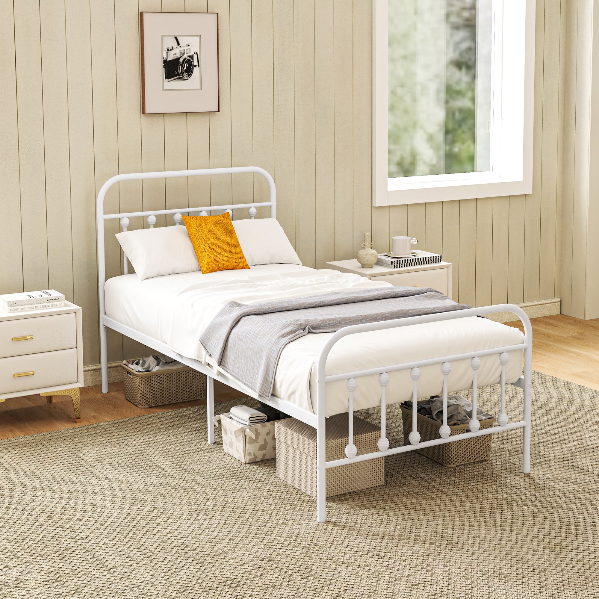 HOMCOM 3ft Single Bed Frame with Underbed Storage, Metal Platform Bed frame with Tall Headboard, Footboard and Steel Slat Support, No Box Spring Needed, Easy Assembly, White