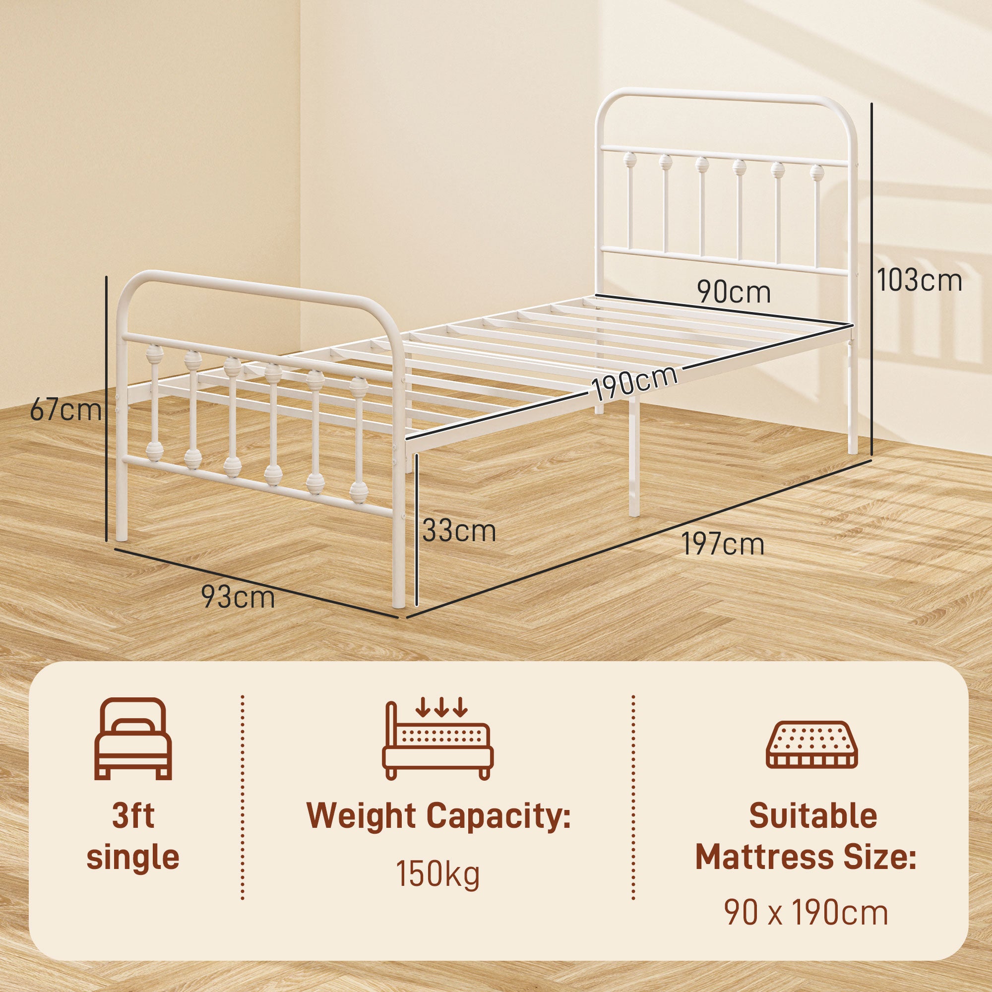 HOMCOM 3ft Single Bed Frame with Underbed Storage, Metal Platform Bed frame with Tall Headboard, Footboard and Steel Slat Support, No Box Spring Needed, Easy Assembly, White