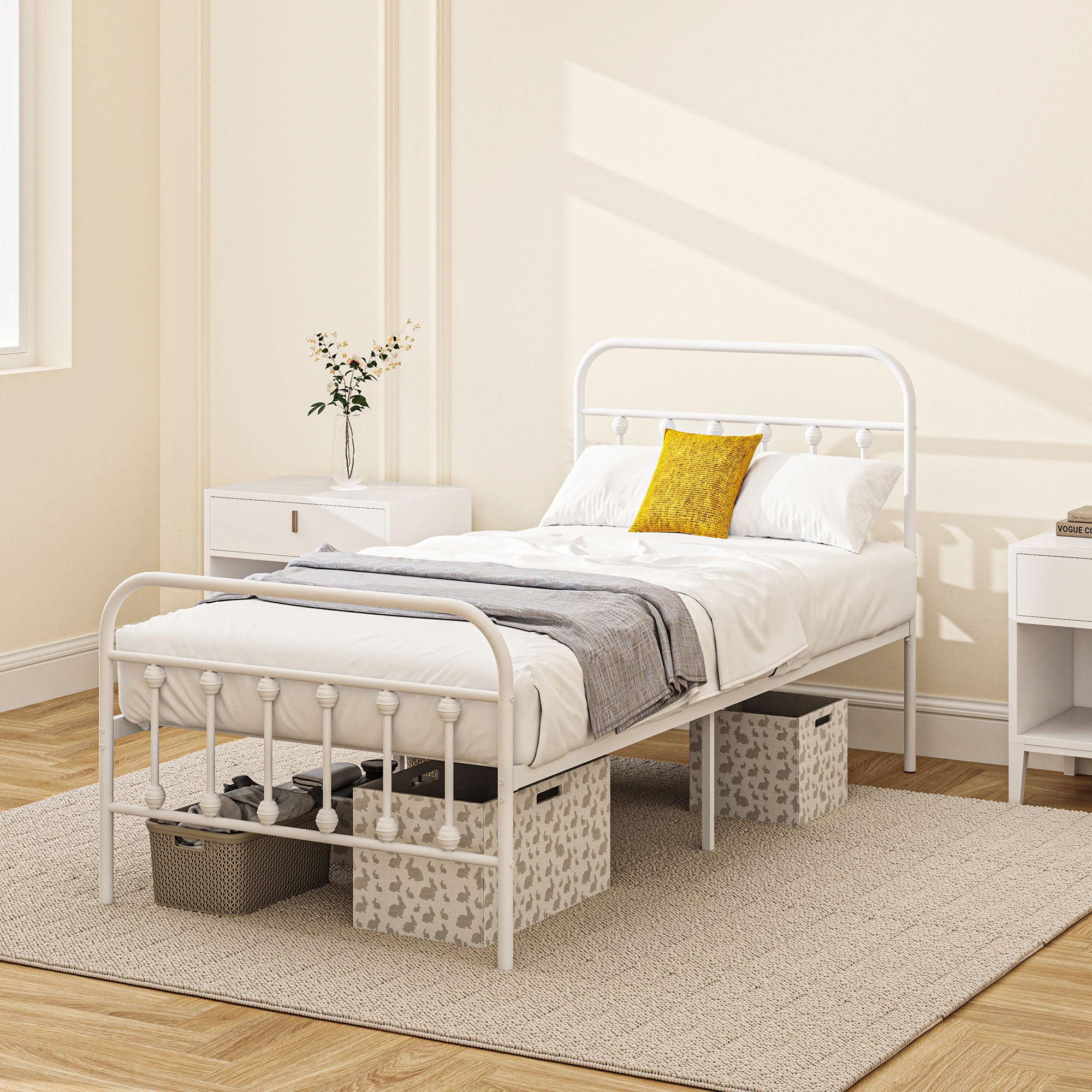 HOMCOM 3ft Single Bed Frame with Underbed Storage, Metal Platform Bed frame with Tall Headboard, Footboard and Steel Slat Support, No Box Spring Needed, Easy Assembly, White