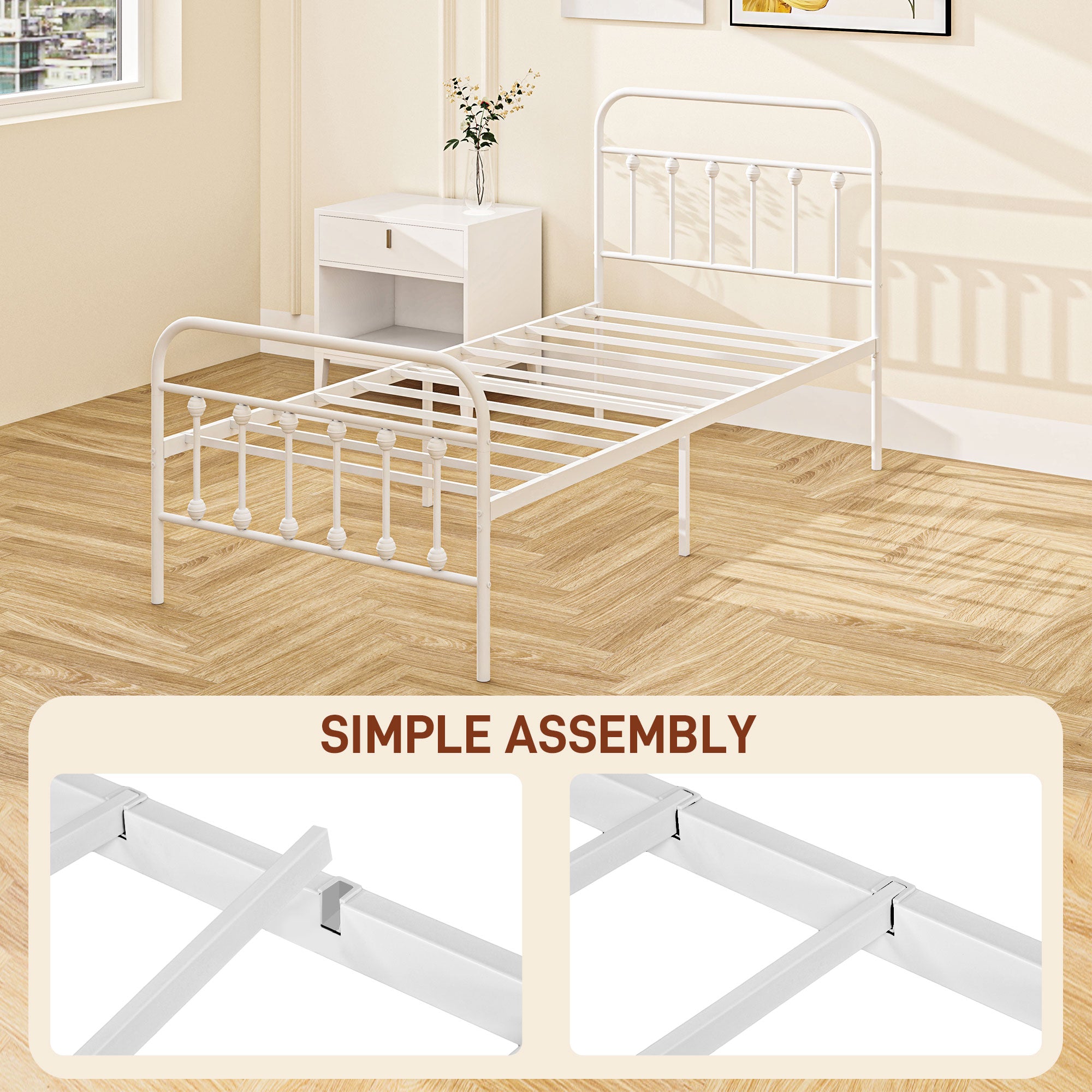 HOMCOM 3ft Single Bed Frame with Underbed Storage, Metal Platform Bed frame with Tall Headboard, Footboard and Steel Slat Support, No Box Spring Needed, Easy Assembly, White