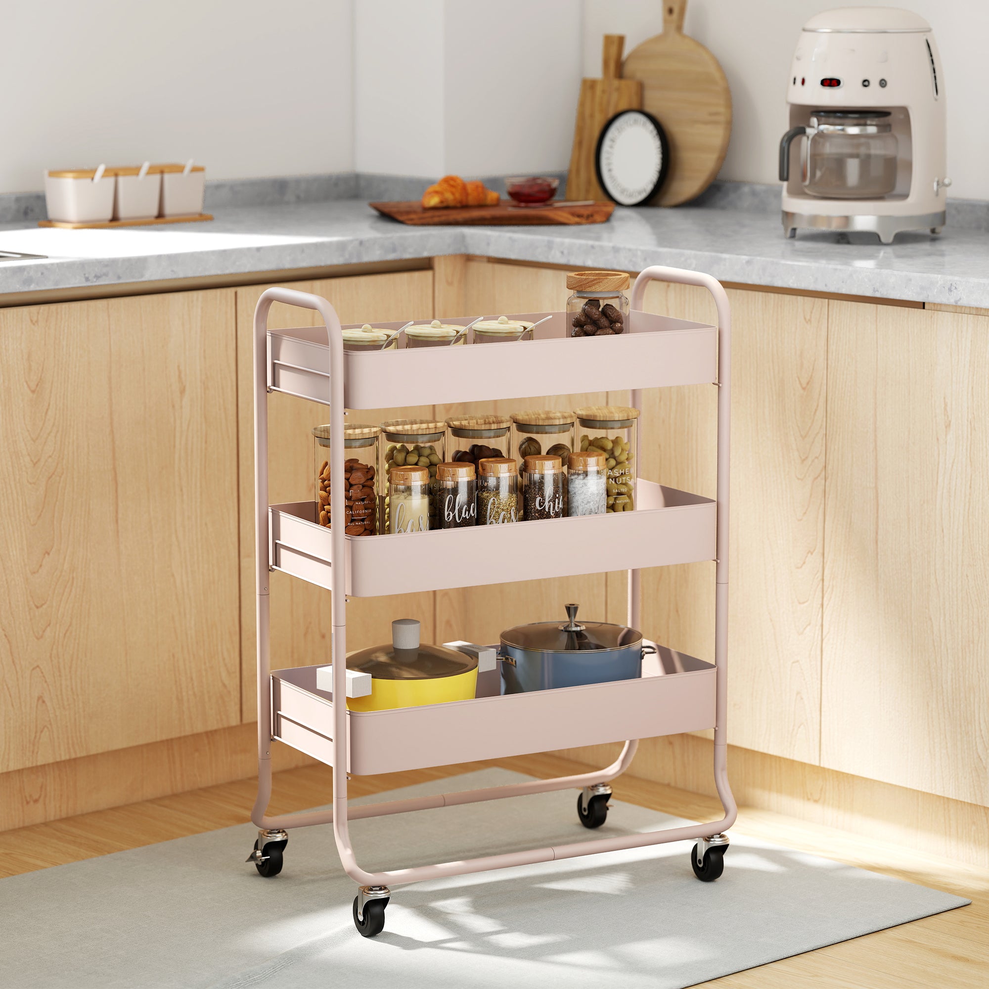 3-Tier Storage Trolley on Wheels, Rolling Utility Cart with Mesh Backets, Mobile Storage Cart for Kitchen, Bathroom, Bedroom, Light Pink