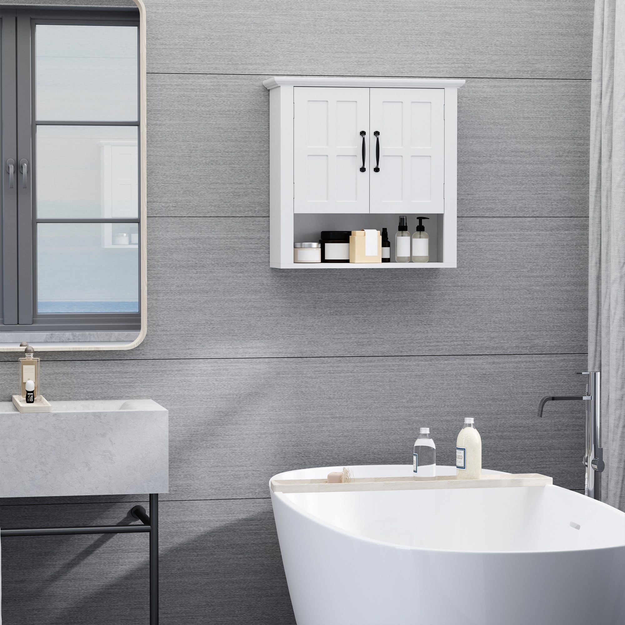2-Door Adjustable Shelf Wall Cabinet, Medicine Cabinet for Bathroom and Kitchen, White