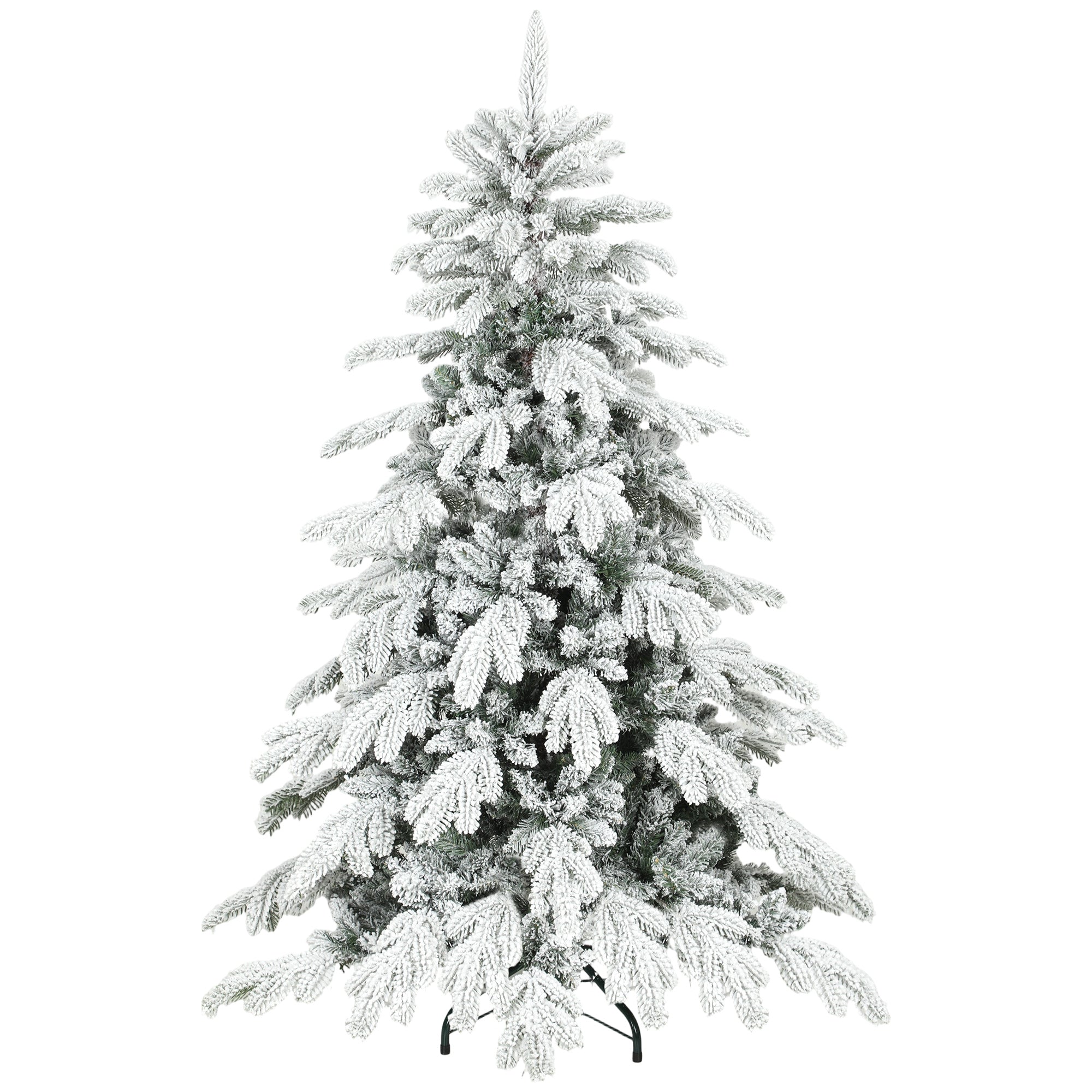 5ft Artificial Christmas Tree, Snow Flocked Christmas Tree with Realistic Dense Branches, Hinged Design, Metal Stand, Wide Shape, Easy Assembly, Xmas Home Decoration, Green White