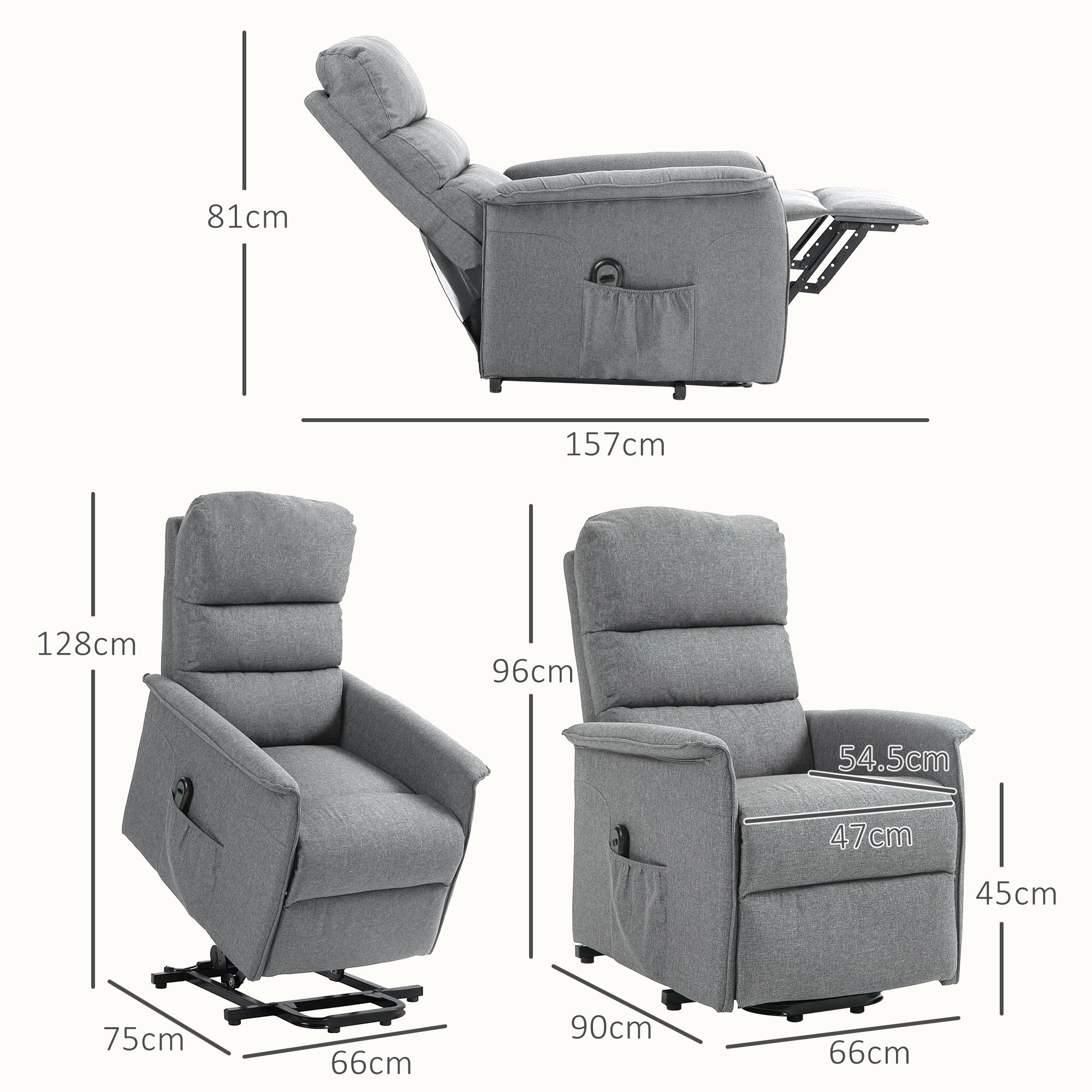 HOMCOM Power Lift Recliner Armchair, Electric Lift Chair for Elderly, Fabric Riser and Reclining Chair with Remote Control, Side Pockets, Extended Footrest, for Living Room, Grey