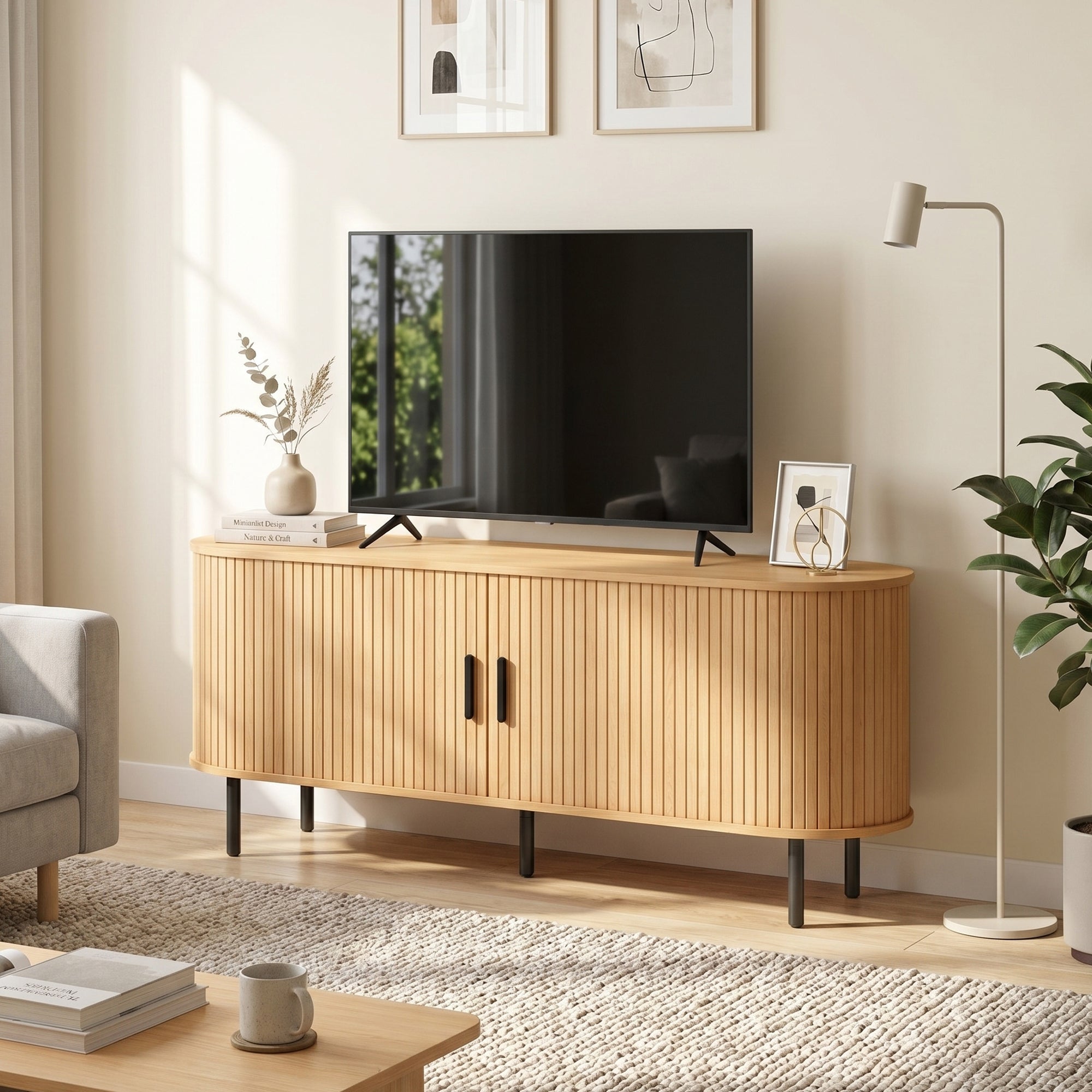 TV Stand for TVs up to 60", Modern Entertainment Center with Curved Sliding Doors, Media Console with 6 Storage Compartments, Natural Wood