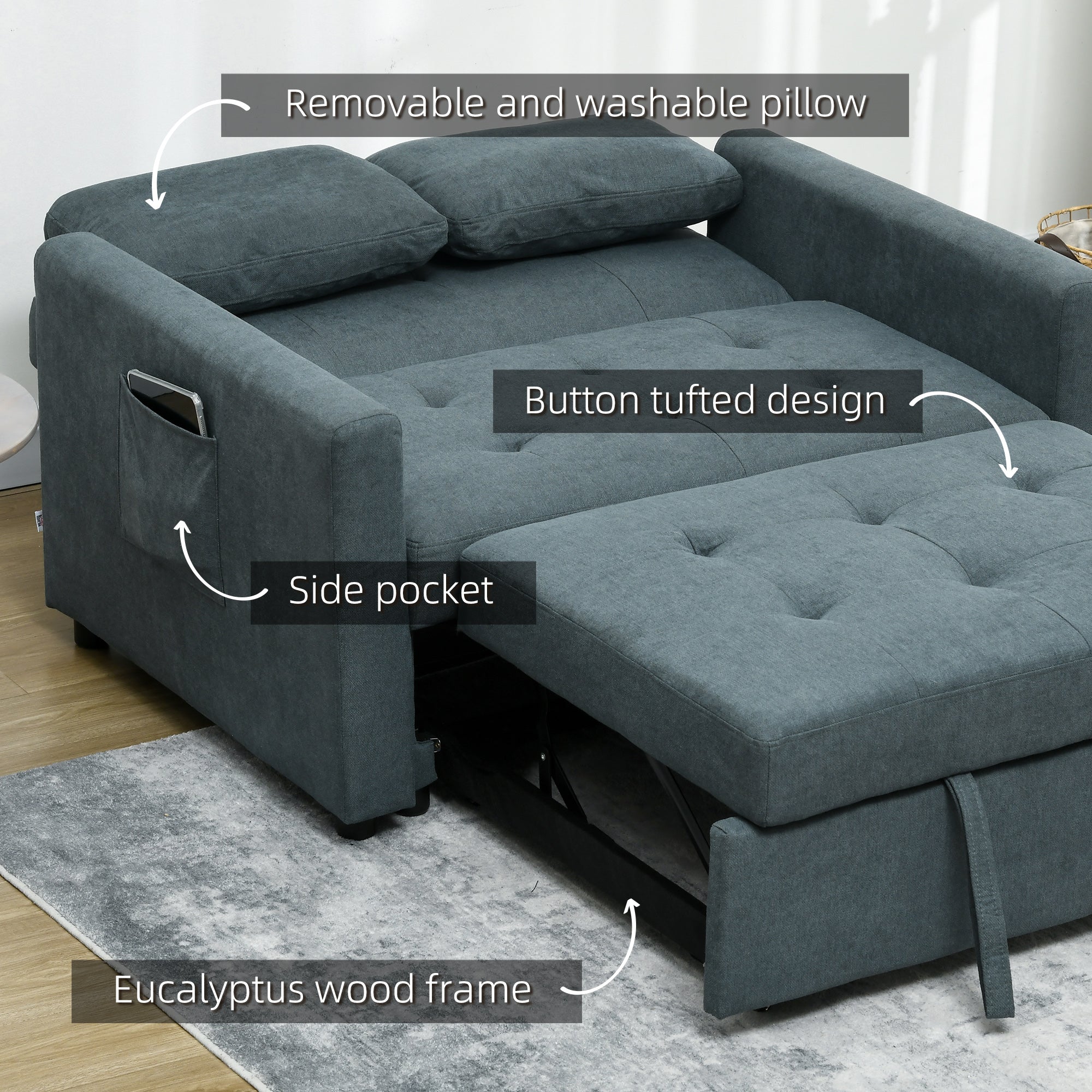 HOMCOM 2 Seater Sofa Bed, Convertible Bed Settee, Modern Fabric Loveseat Sofa Couch with 2 Cushions, Side Pockets for Living Room, Guest Room, Charcoal Grey