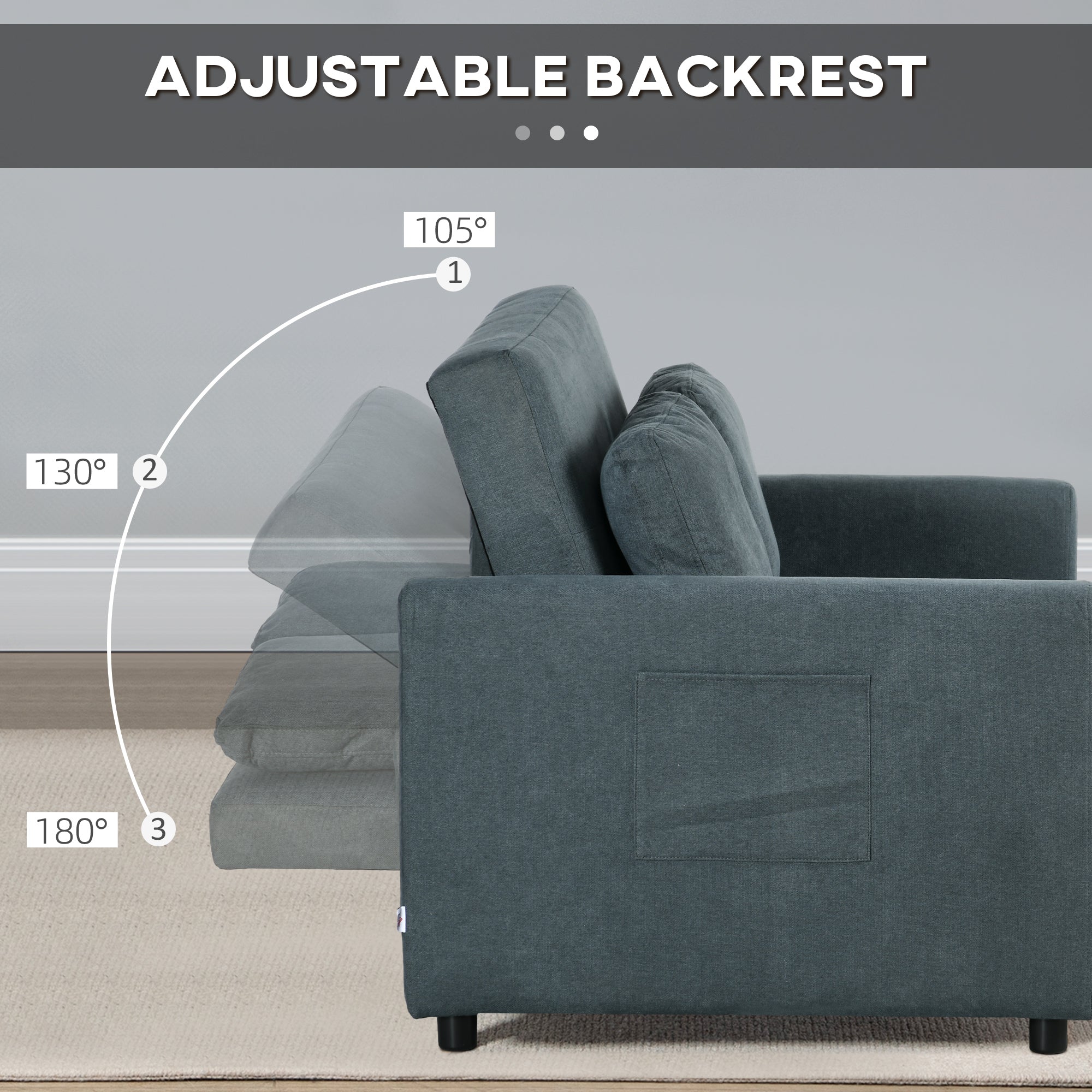 HOMCOM 2 Seater Sofa Bed, Convertible Bed Settee, Modern Fabric Loveseat Sofa Couch with 2 Cushions, Side Pockets for Living Room, Guest Room, Charcoal Grey