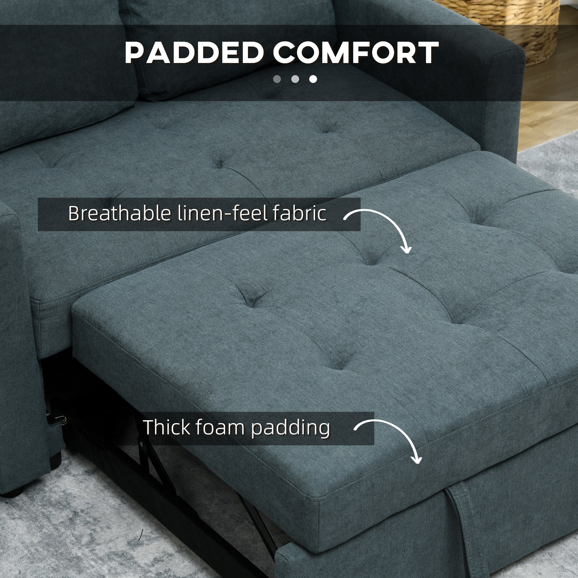 HOMCOM 2 Seater Sofa Bed, Convertible Bed Settee, Modern Fabric Loveseat Sofa Couch with 2 Cushions, Side Pockets for Living Room, Guest Room, Charcoal Grey