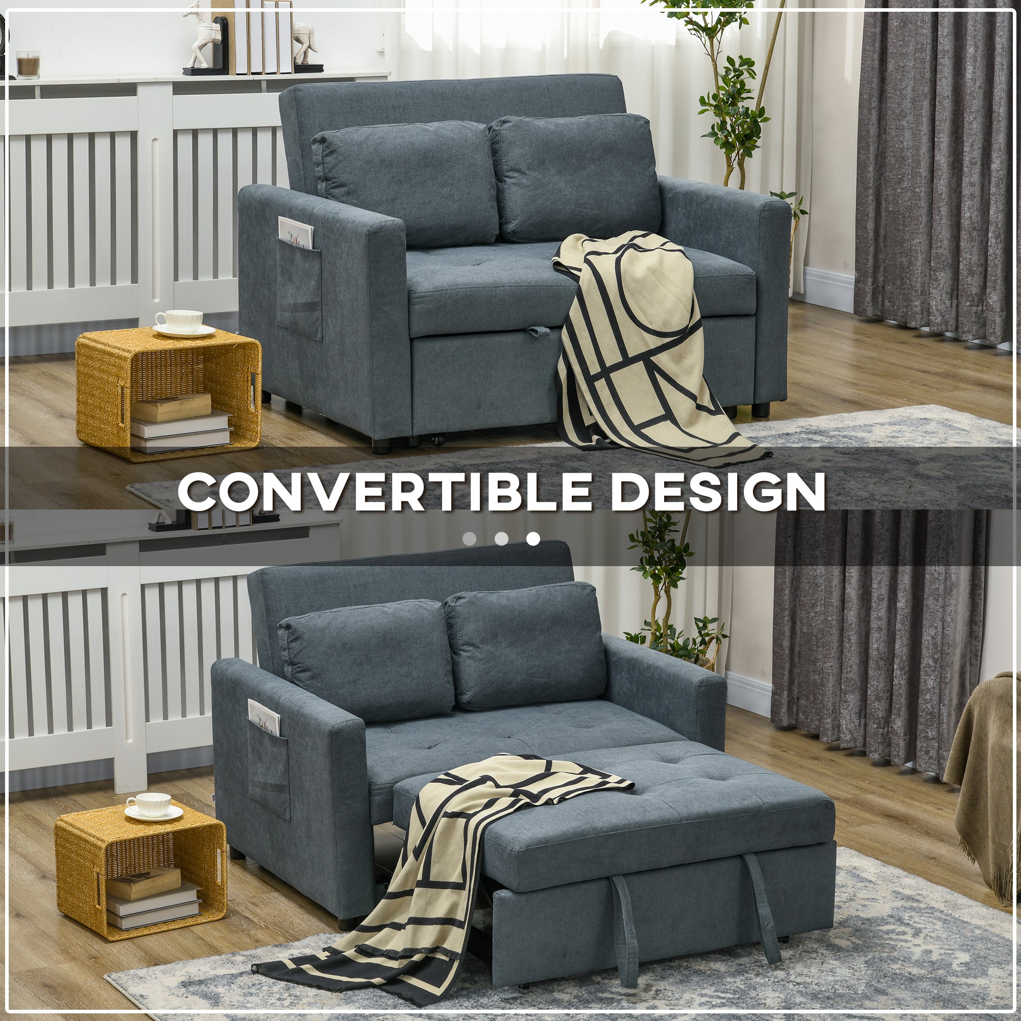 HOMCOM 2 Seater Sofa Bed, Convertible Bed Settee, Modern Fabric Loveseat Sofa Couch with 2 Cushions, Side Pockets for Living Room, Guest Room, Charcoal Grey