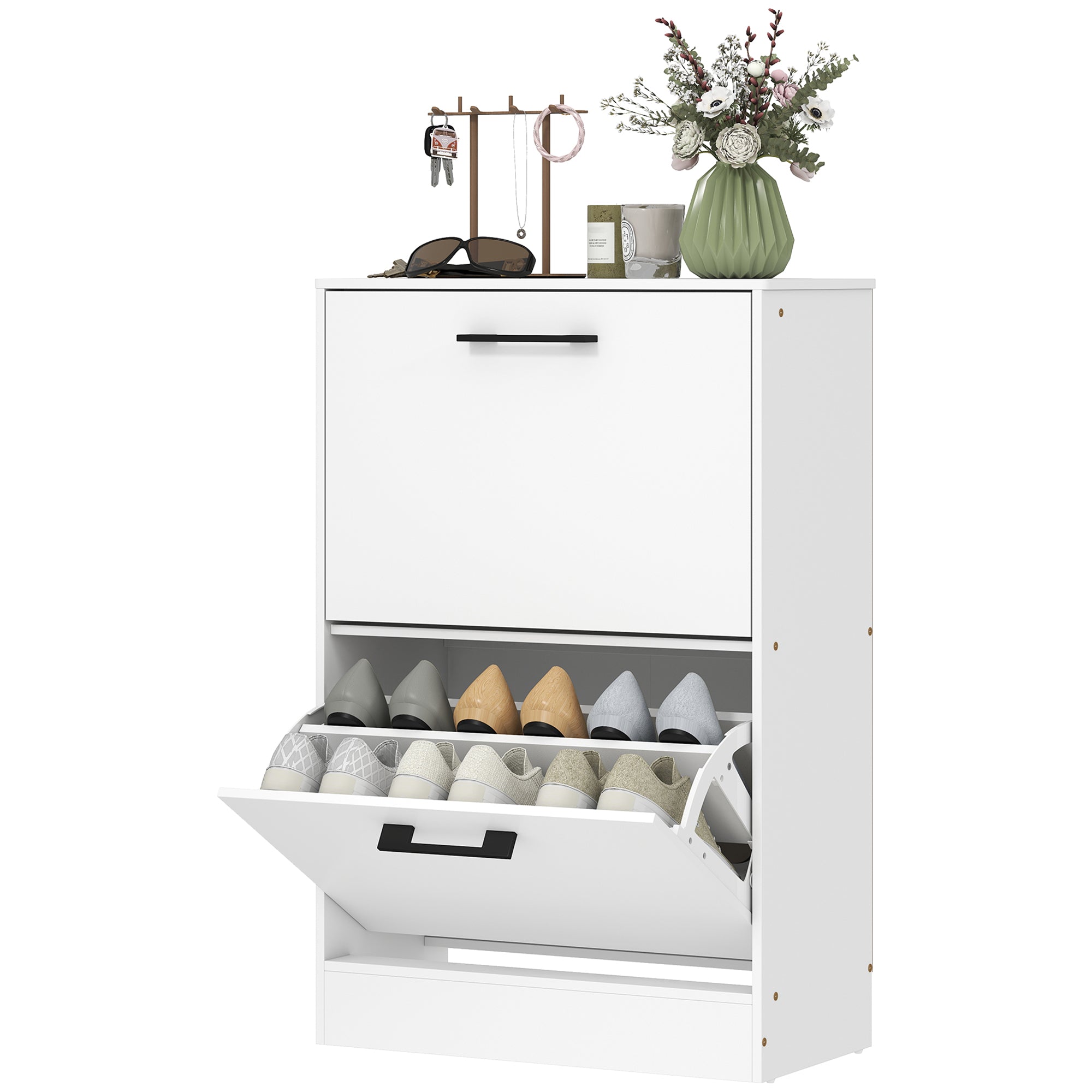 Shoe Cabinet with 2 Flip Drawers, Modern Narrow Shoe Storage Cabinet with Adjustable Dividers, Entryway Storage Unit for up to 12 Pairs for Hallway, Living Room, White