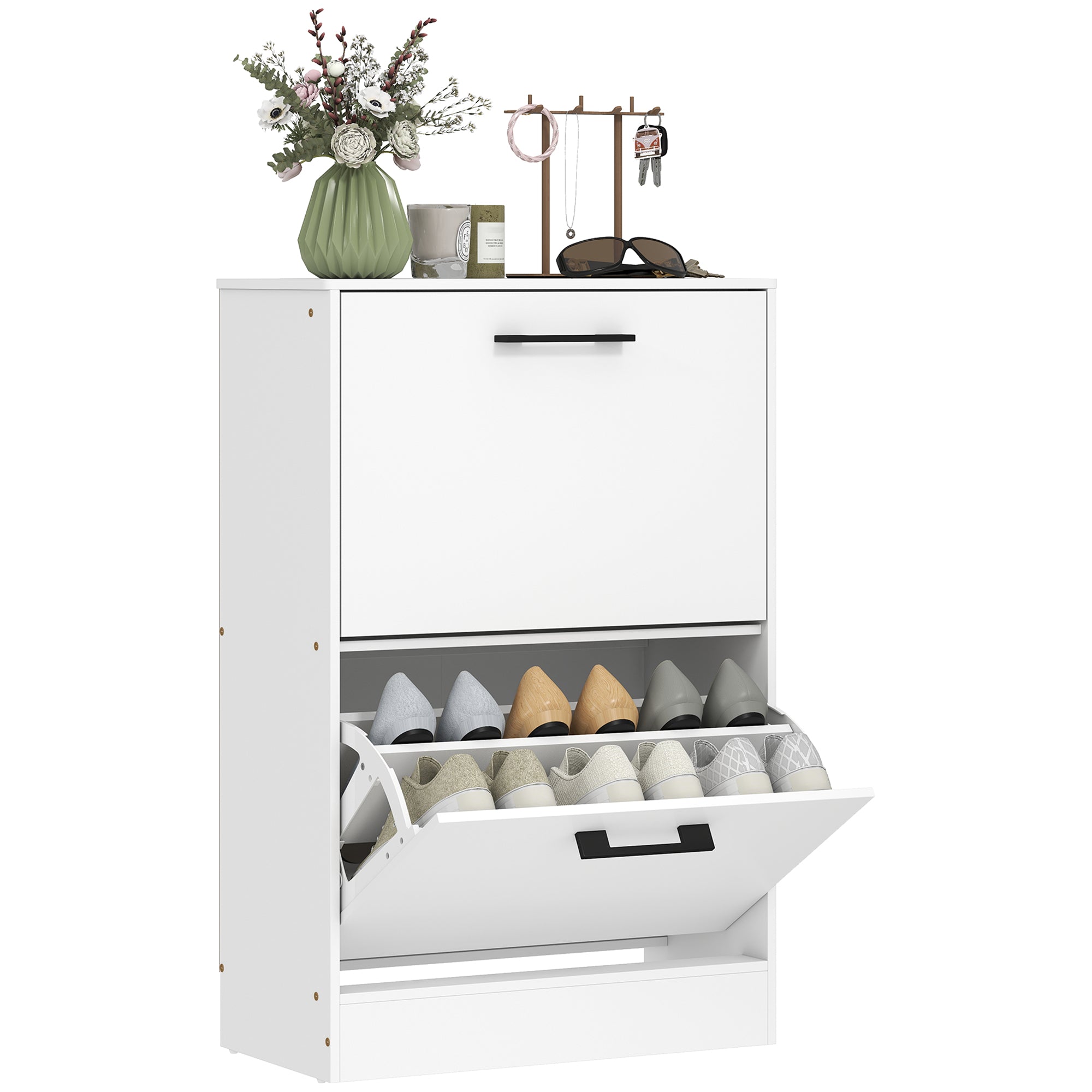 Shoe Cabinet with 2 Flip Drawers, Modern Narrow Shoe Storage Cabinet with Adjustable Dividers, Entryway Storage Unit for up to 12 Pairs for Hallway, Living Room, White
