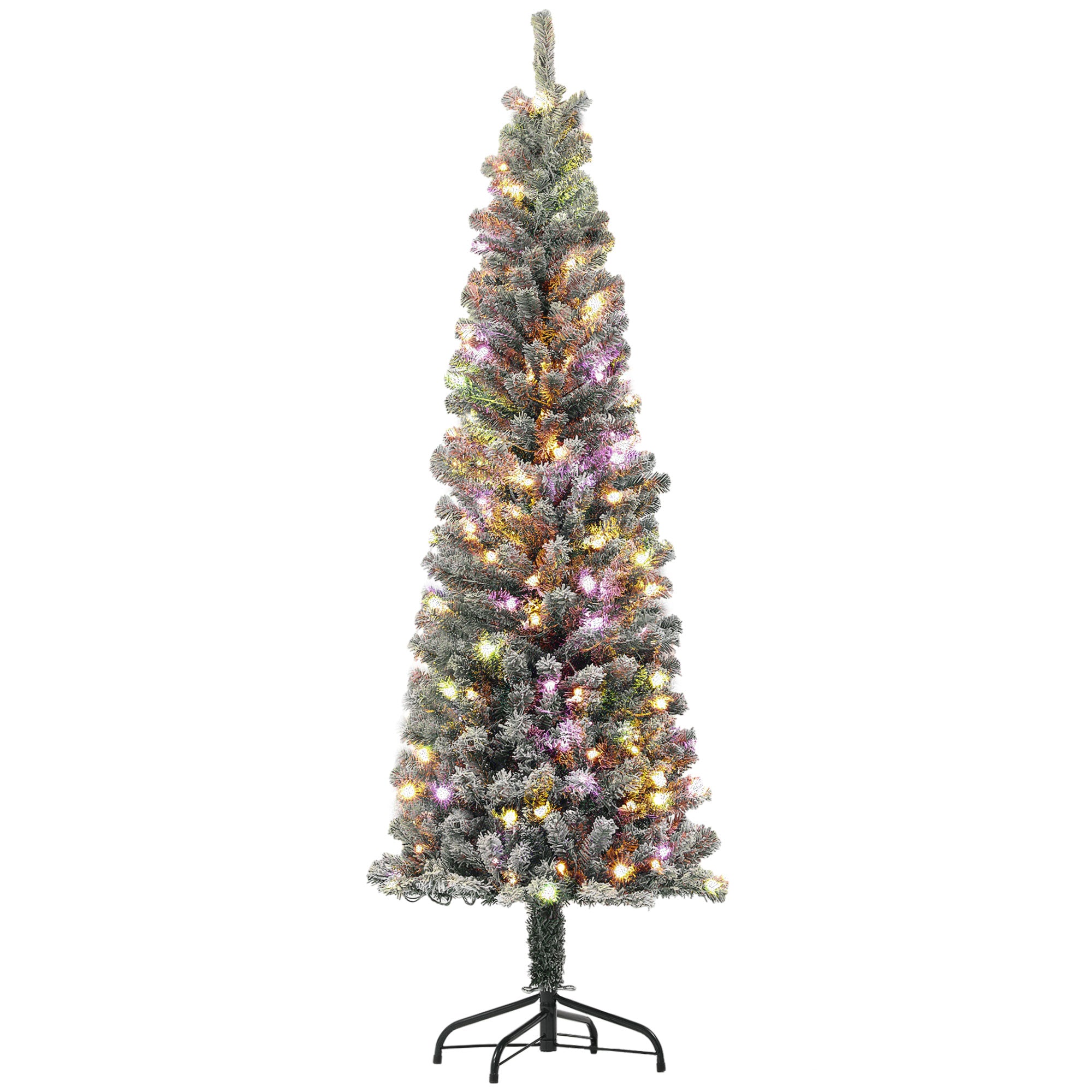 HOMCOM 6ft Pre-Lit Pencil Christmas Tree with Remote, Adjustable Brightness, Artificial Christmas Tree with 170 Dual Colour LEDs, 429 Tips, Metal Stand, Flocked Xmas Tree, Green