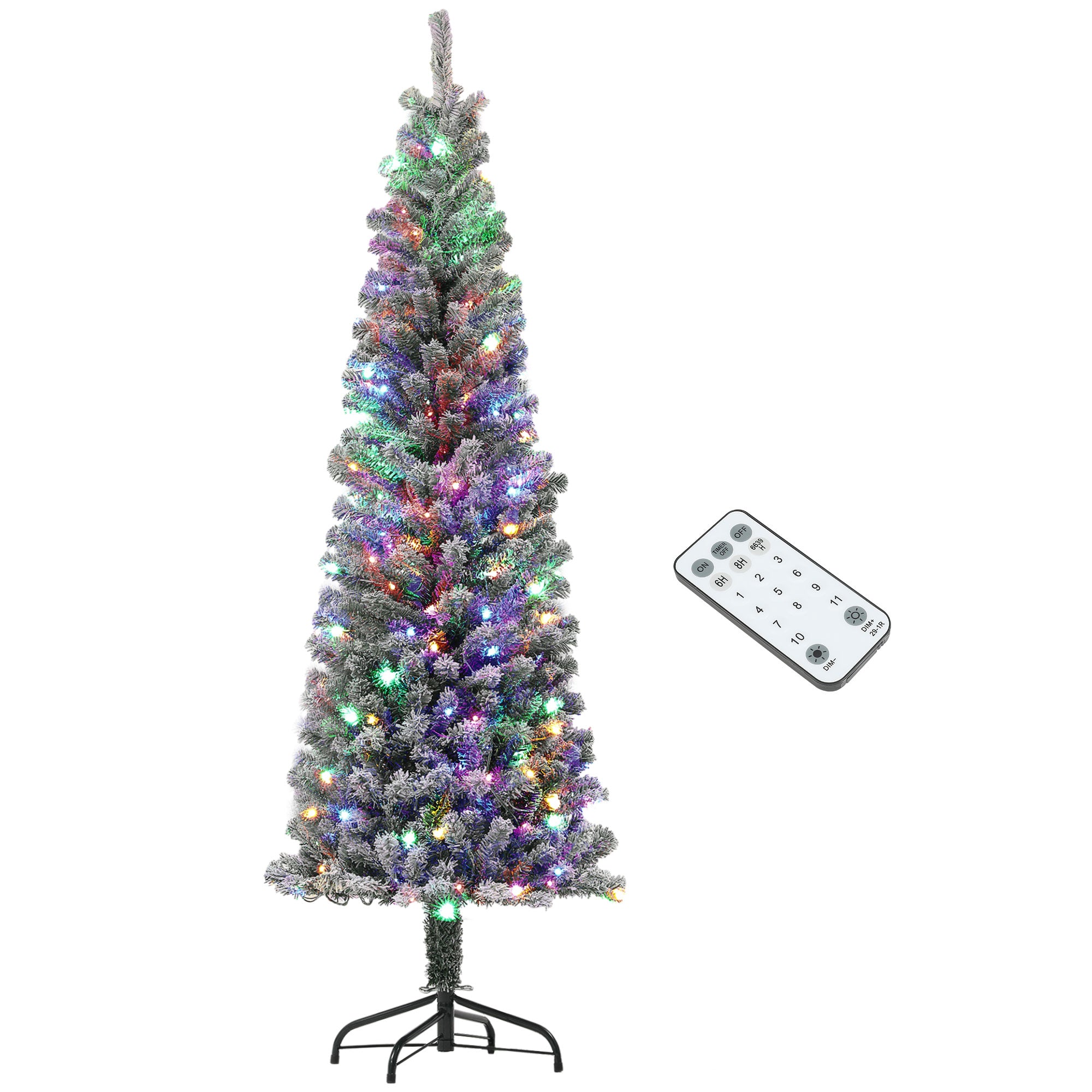 HOMCOM 6ft Pre-Lit Pencil Christmas Tree with Remote, Adjustable Brightness, Artificial Christmas Tree with 170 Dual Colour LEDs, 429 Tips, Metal Stand, Flocked Xmas Tree, Green