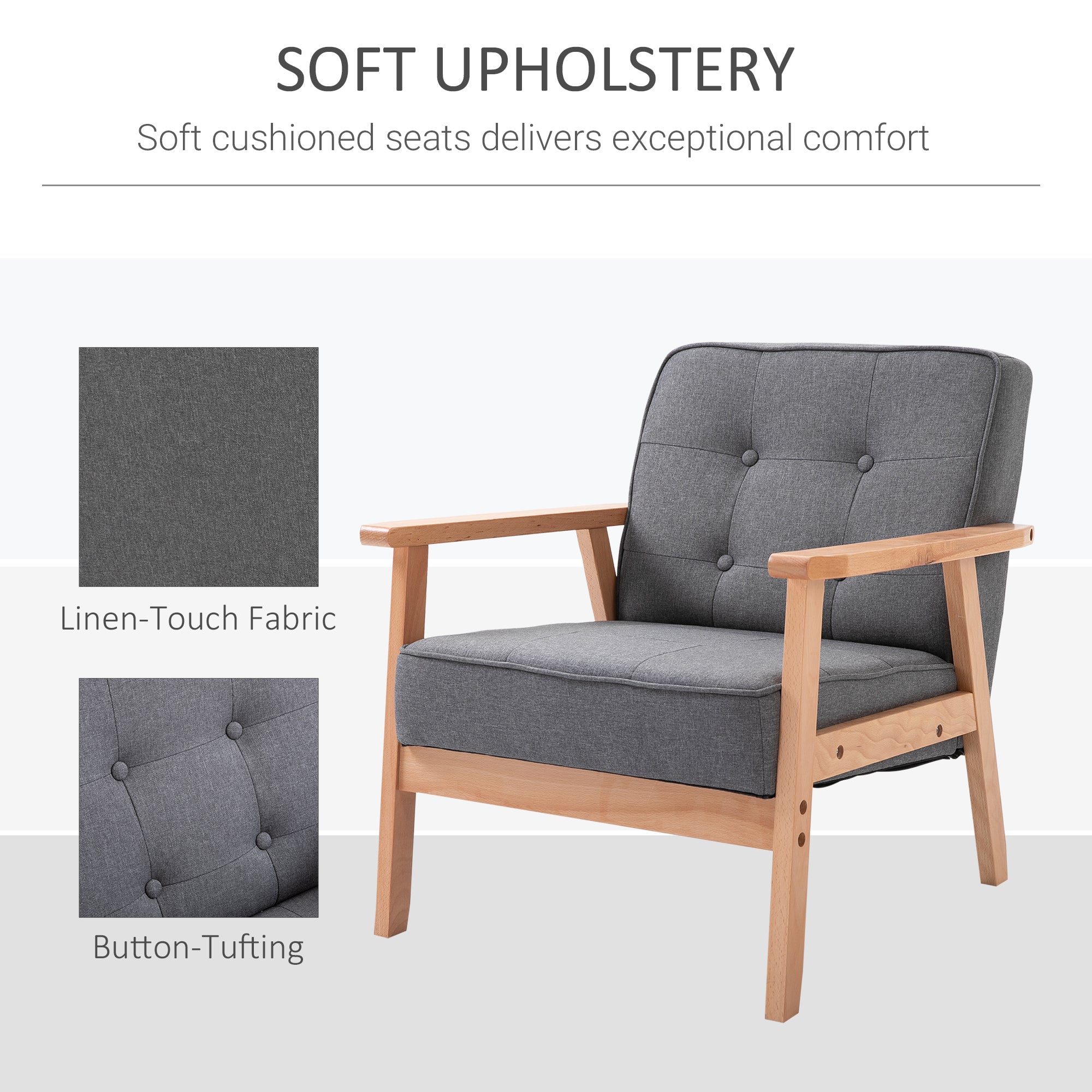 HOMCOM Fabric Accent Chair, Tufted Armchair, Modern Living Room Chair with Wood Legs and Thick Padding for Bedroom, Grey