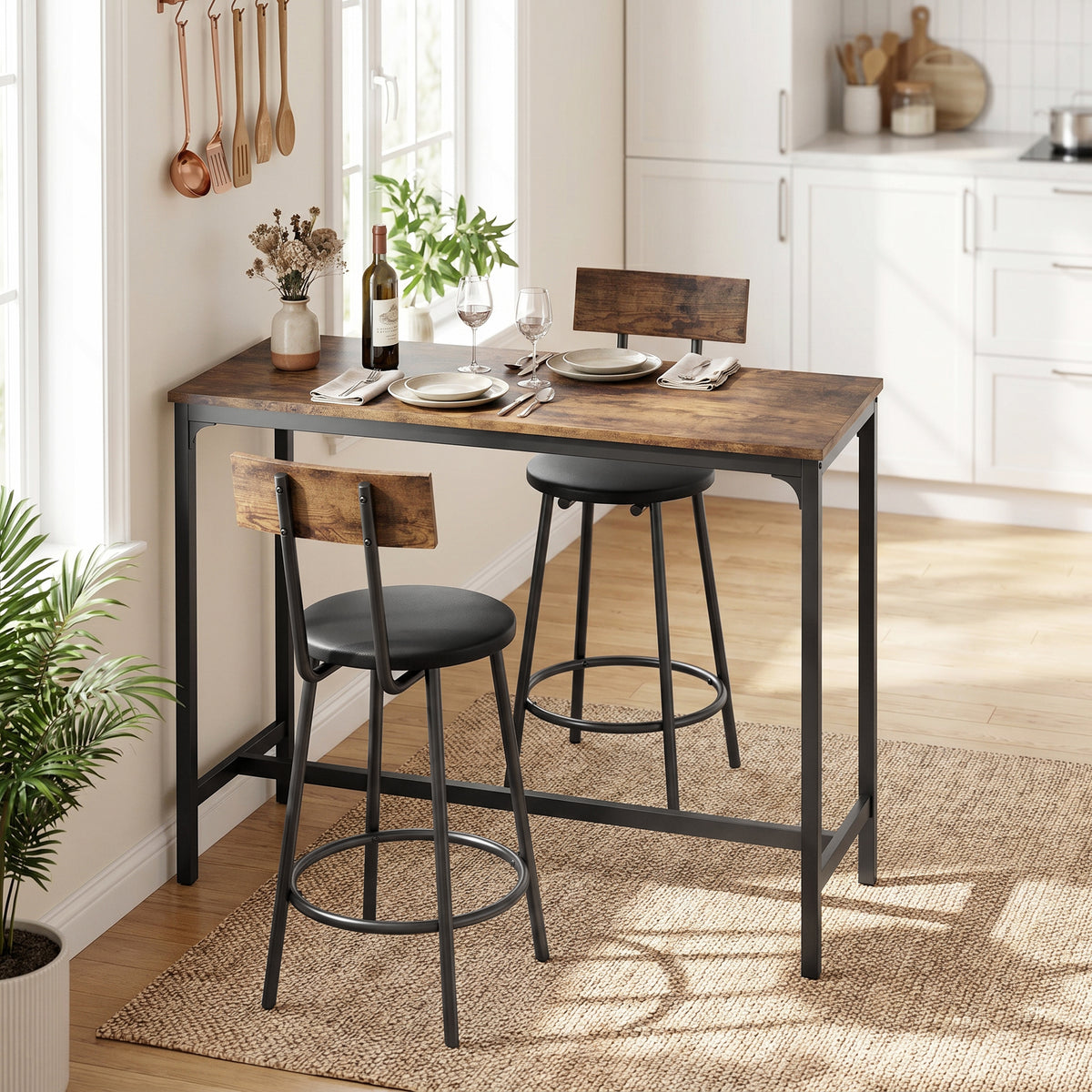 3 Piece Counter Height Bar Table Set, Kitchen Dining Table with 2 Upholstered Stools, Footrests, Space-Saving Pub Table & Chairs for Dining Room, Living Room, Rustic Brown
