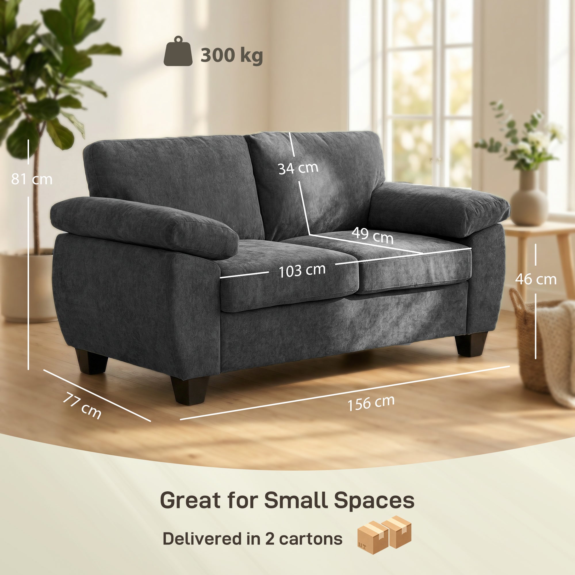 2 Seater Sofa, 156cm Chenille Loveseat Sofa with Thick Spring Cushions, Wide Padded Armrests, Couch Settee for Small Space, Living Room, Bedroom, Home Office, 300KG Capacity, Dark Grey