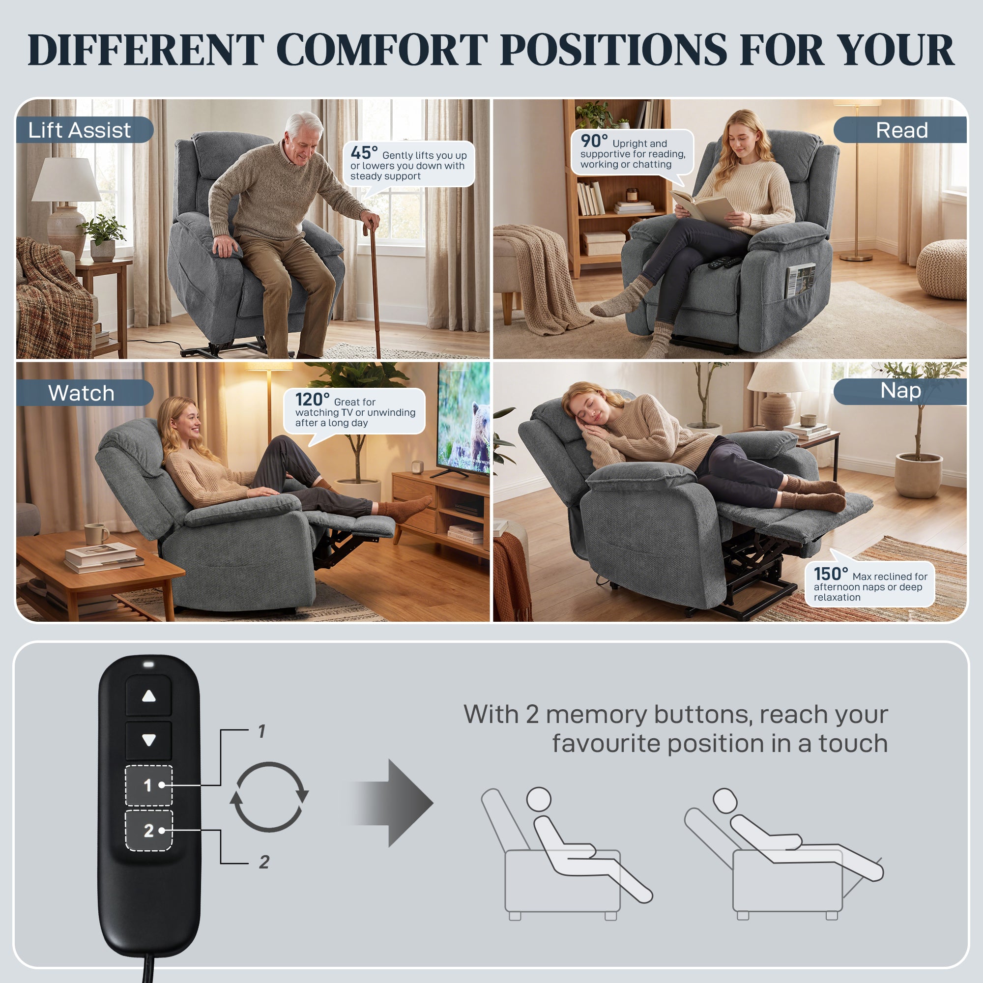 Power Lift Recliner Chair for Elderly with Massage, Electric Recliner with Side Pockets, Remote, 2 Memory Buttons, Footrest, Quiet Reclining Chair for Living Room, Dark Grey