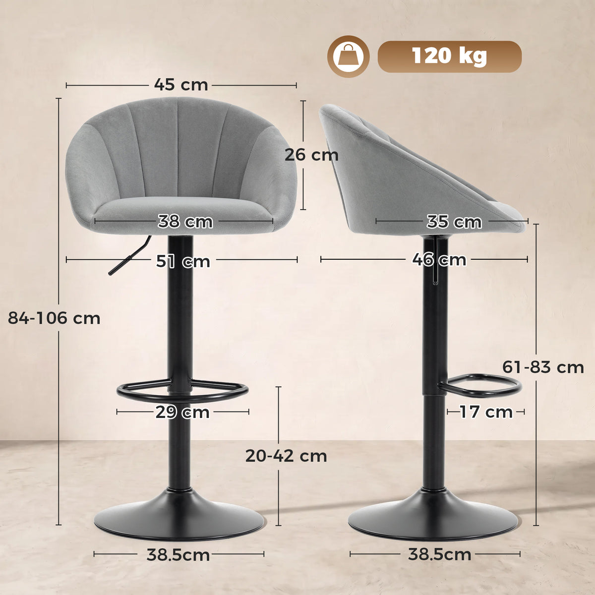 Breakfast Bar Stools Set of 2, Modern Velvet-Feel Swivel BarStools, Adjustable Counter Height Bar Chairs with Backrest and Footrest for Kitchen Island, Dining Room, Bar, Light Grey