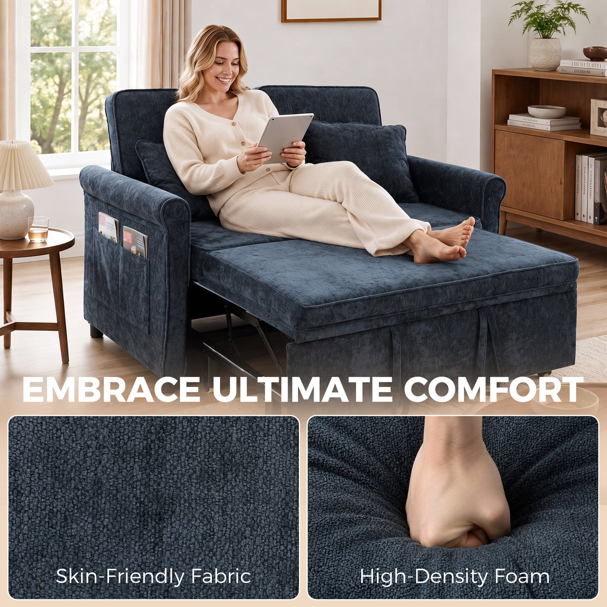 2 Seater Sofa Bed, 3-in-1 Convertible Pull Out Double Sleeper Sofa 190 x 130 cm, 5-Position Adjustable Backrest, Chenille Loveseat Bed Settee for Living Room, Bedroom, Guest Room, Dark Blue