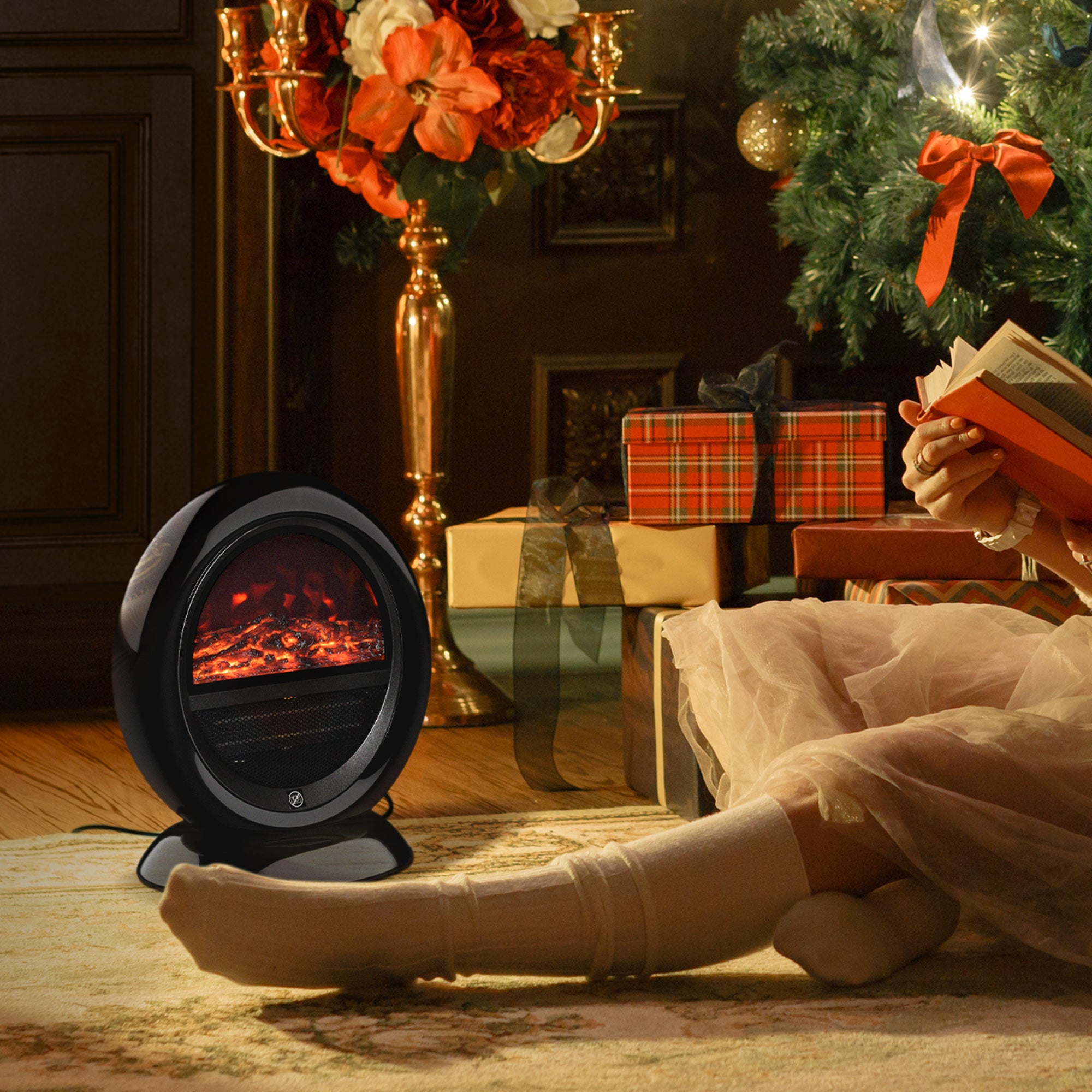 Freestanding Electric Fireplace Indoor Space Table Top Heater with Realistic Flame Effect, Rotatable Head, Overheating Protection, 1500W, Black