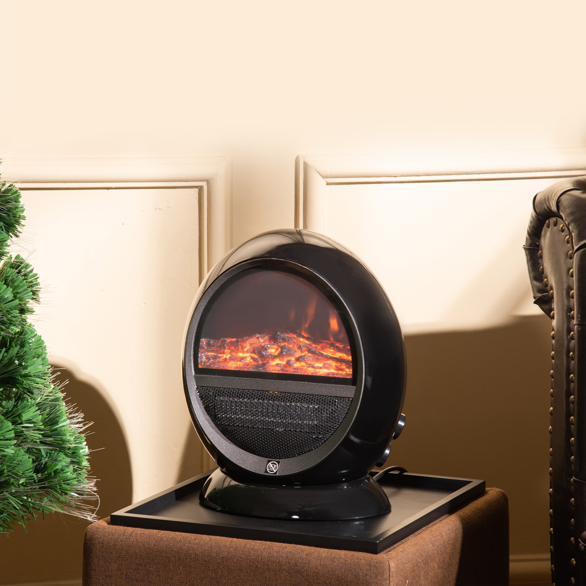 Freestanding Electric Fireplace Indoor Space Table Top Heater with Realistic Flame Effect, Rotatable Head, Overheating Protection, 1500W, Black