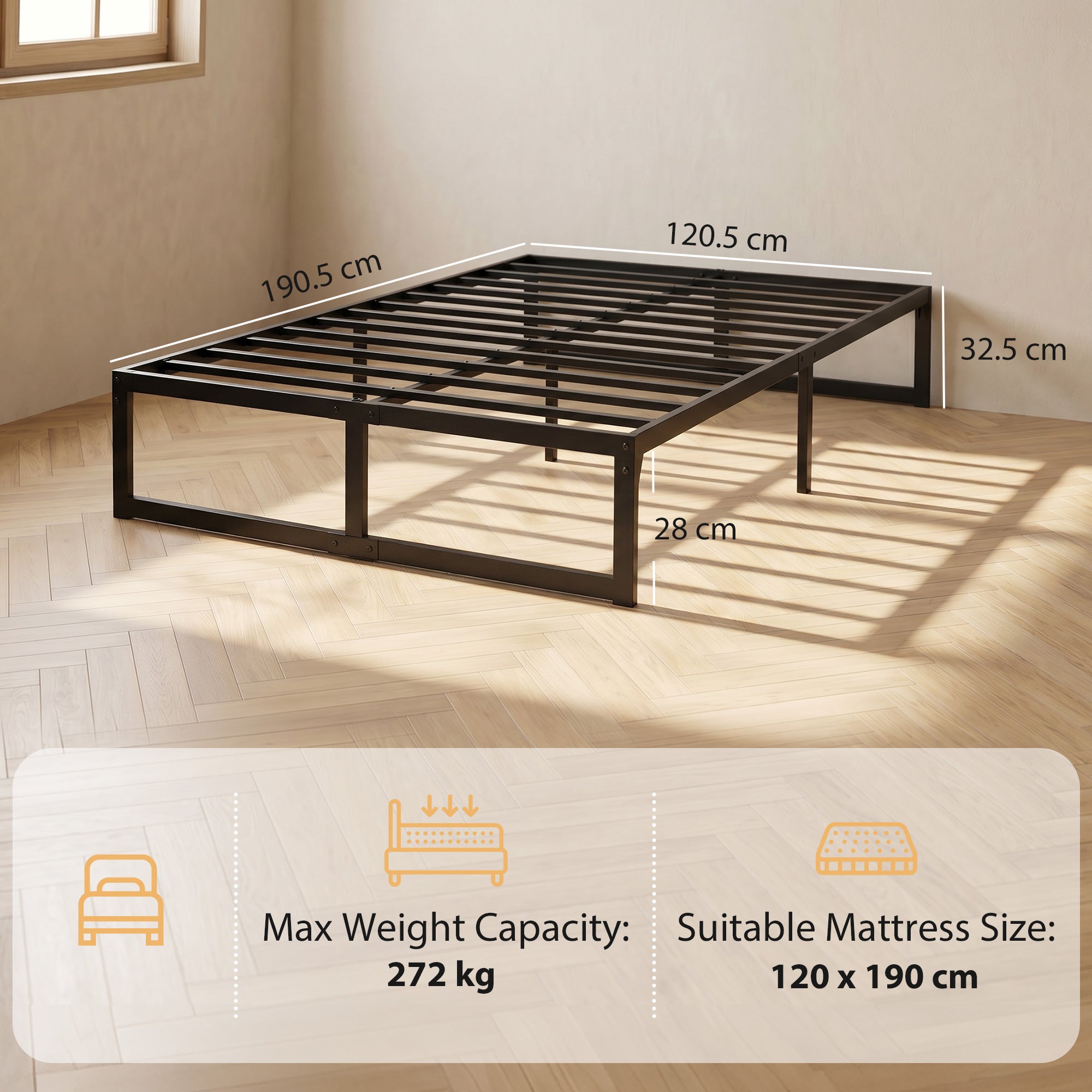4ft Small Double Bed Frame with Underbed Storage, 32.5 cm Height, Metal Platform Bed Frame with Steel Slat Support, Noise-Free, Easy Assembly, Black