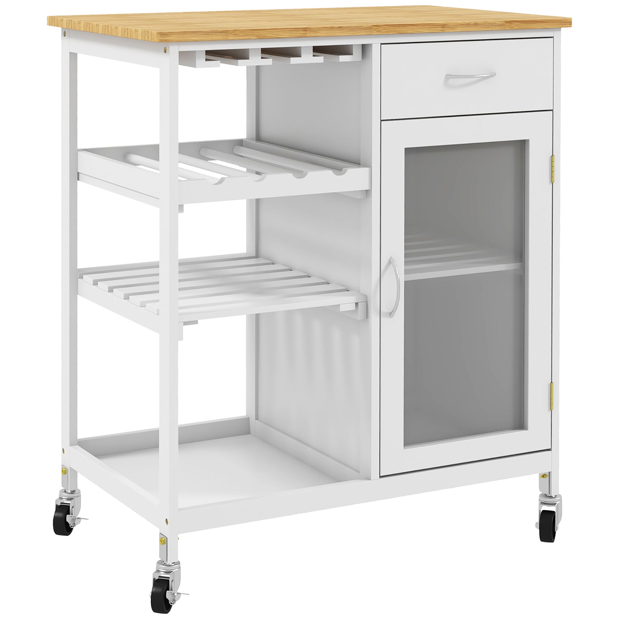 Rolling Kitchen Cart with 4-Bottle Wine Rack, Stemware Holder, Shelves & Drawer, White