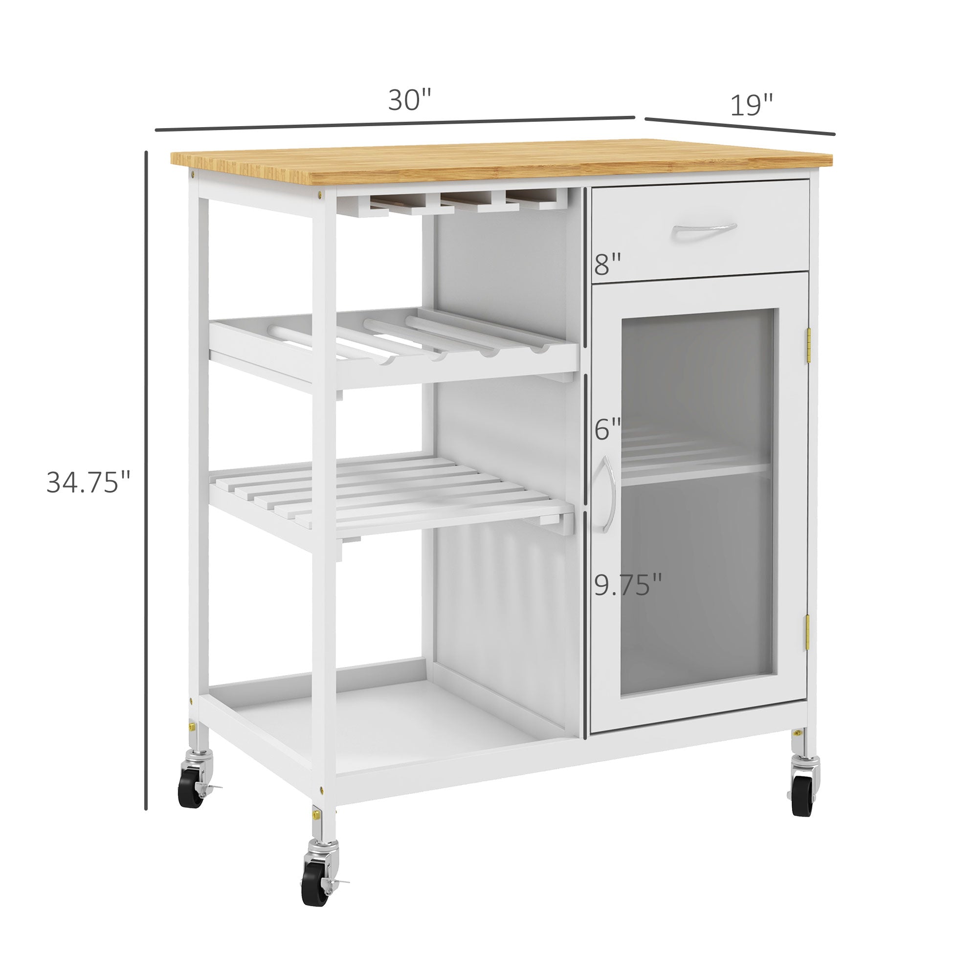 Rolling Kitchen Cart with 4-Bottle Wine Rack, Stemware Holder, Shelves & Drawer, White