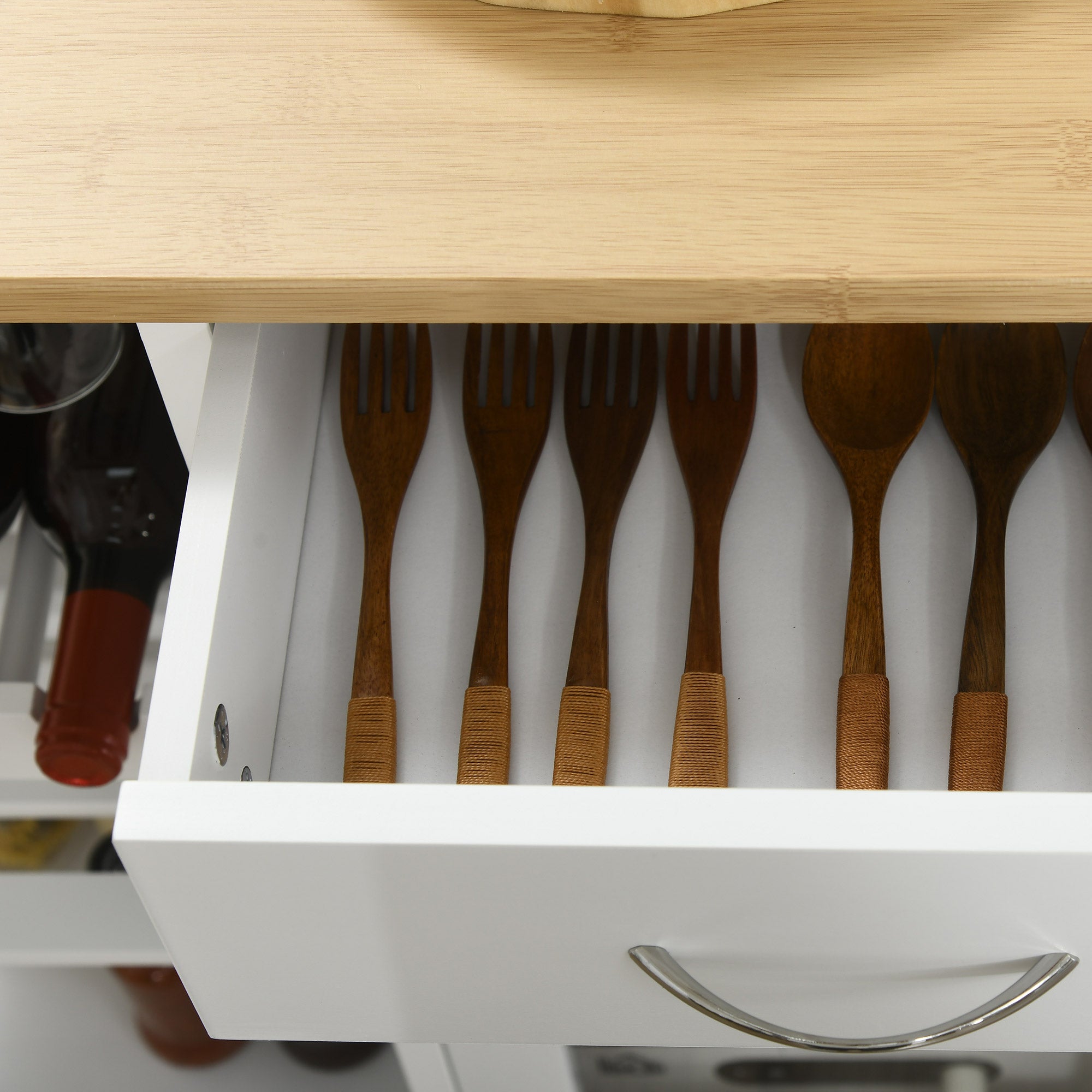 Rolling Kitchen Cart with 4-Bottle Wine Rack, Stemware Holder, Shelves & Drawer, White