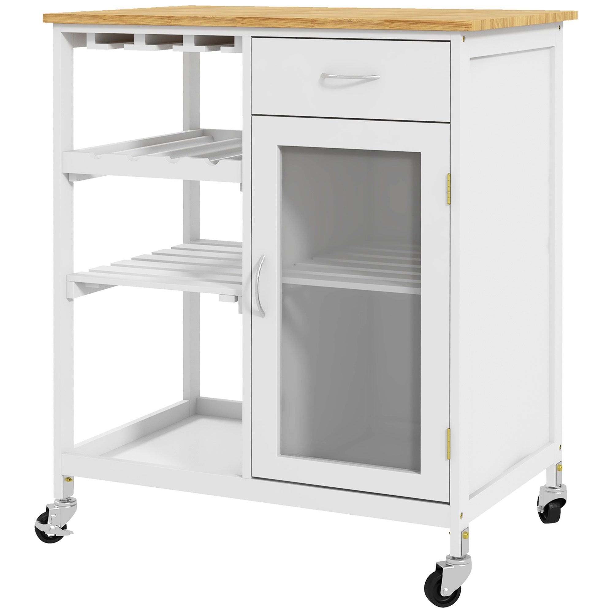 Rolling Kitchen Cart with 4-Bottle Wine Rack, Stemware Holder, Shelves & Drawer, White