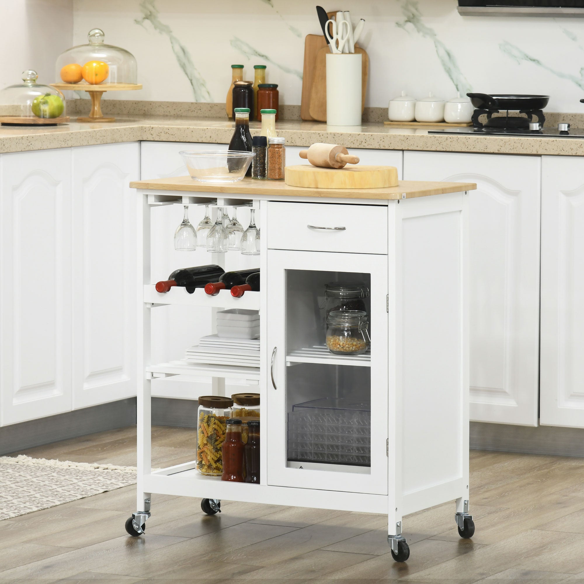 Rolling Kitchen Cart with 4-Bottle Wine Rack, Stemware Holder, Shelves & Drawer, White