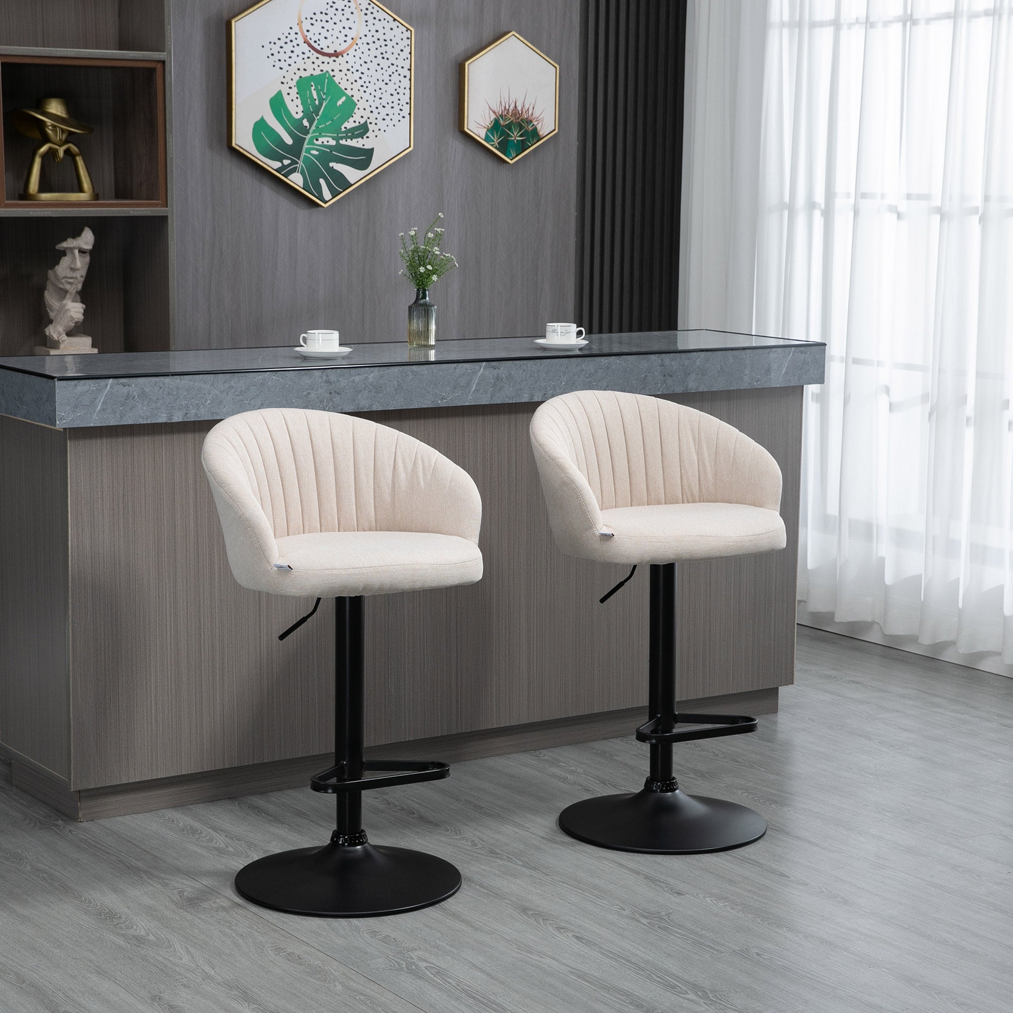 Modern Upholstered Adjustable Barstools with Swivel Seat Linen Fabric Steel Frame Beige - HOMCOM
