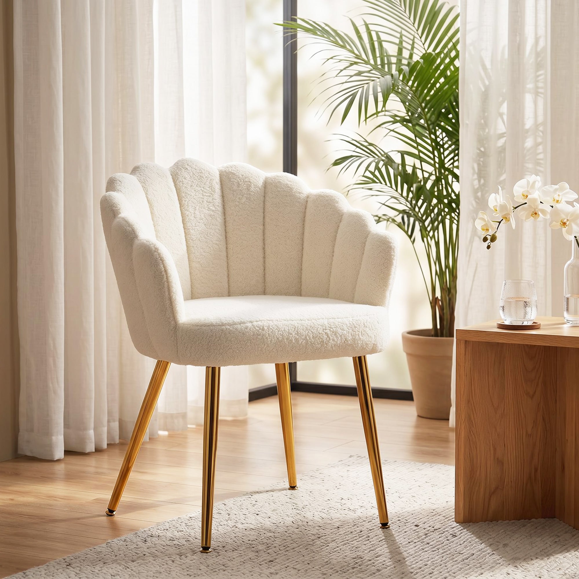Petal-Back Accent Chair, Faux Lamb Wool Upholstered Armchair, Living Room Chair with Metal Legs, Adjustable Foot Pads, Cream