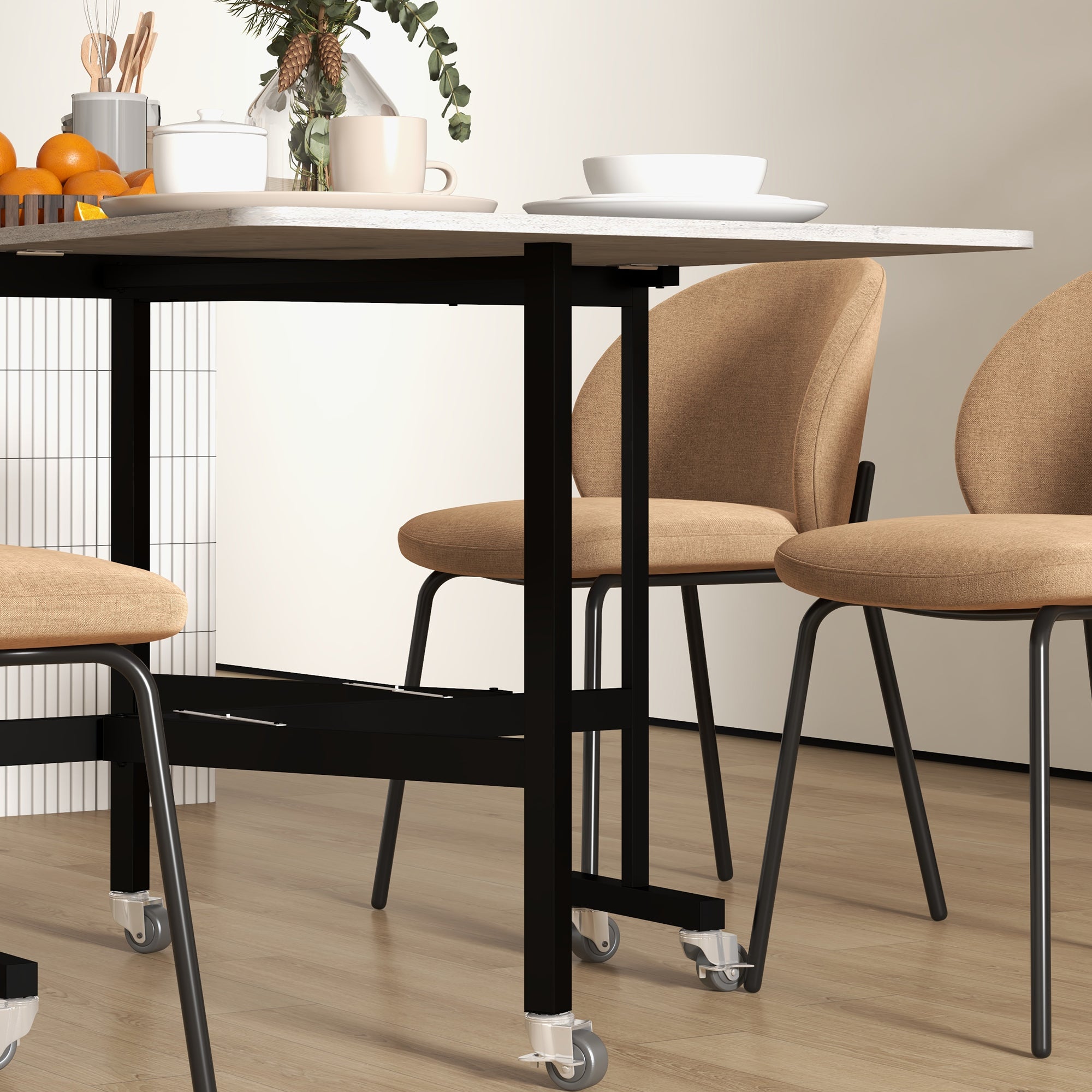 HOMCOM Mobile Drop Leaf Table, Folding Dining Table with 6 Wheels & Brakes, Kitchen Table for Small Spaces, Grey Marble Effect