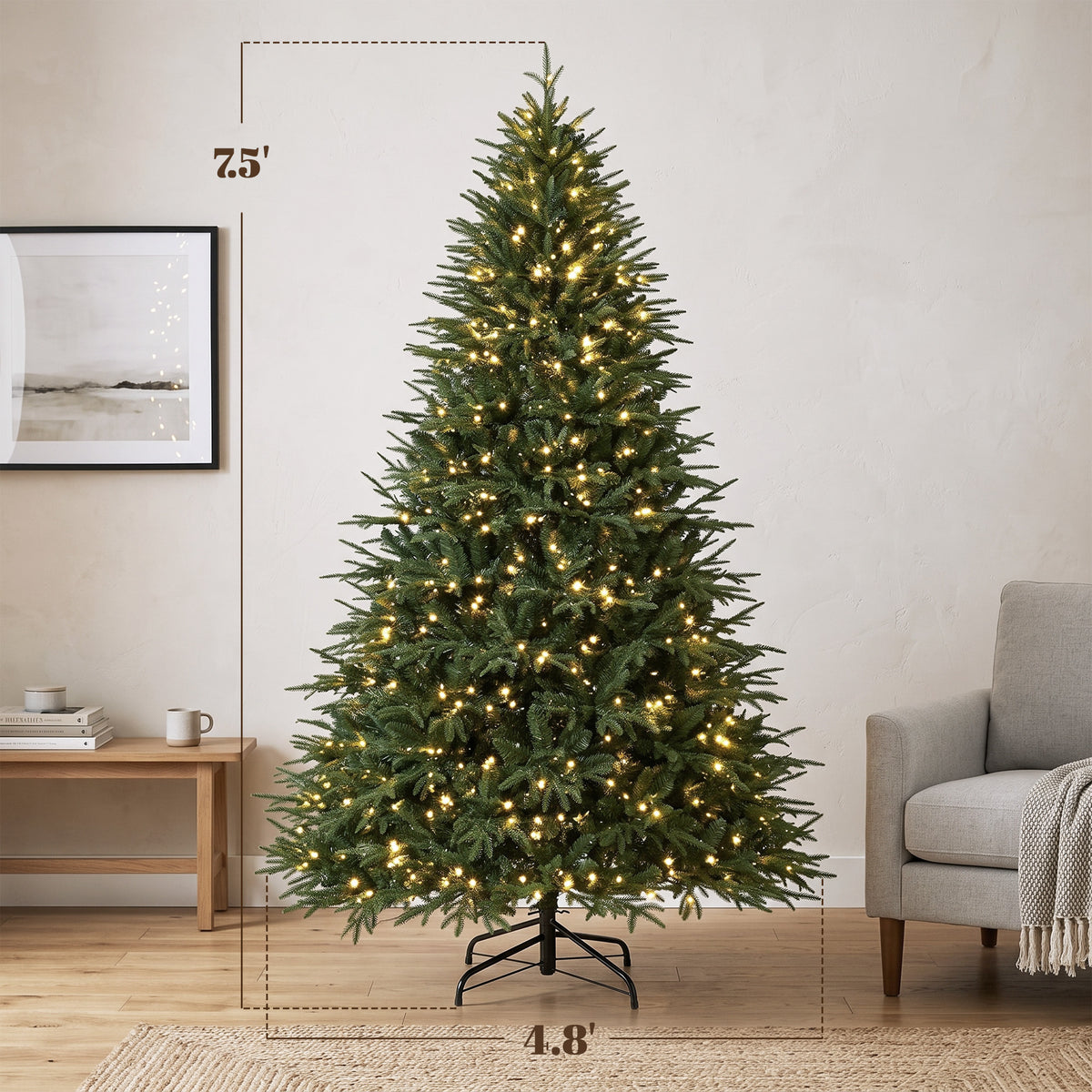 7.5ft Pre-lit Classic Artificial Christmas Tree, Hinged Realistic Xmas Tree with 3,719 Branch Tips, 1000 Warm White LED Lights, Foldable Metal Stand, Home Office, Party Decoration, Green