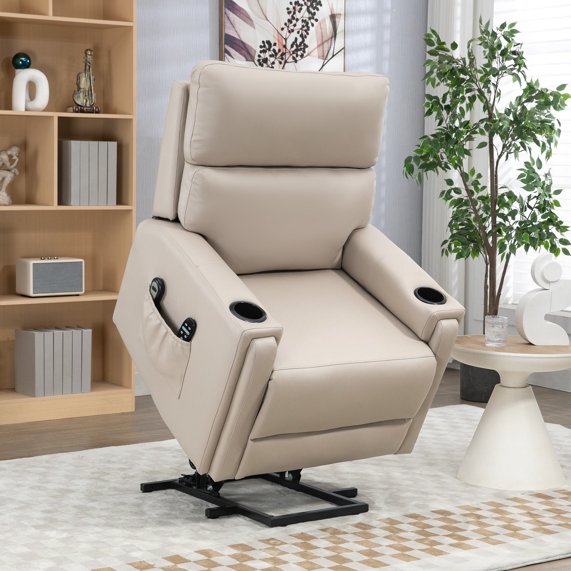 HOMCOM Riser and Recliner Chair for the Elderly, Electric Microfibre Upholstered Lift Chair with Vibration Massage and Heat, Quick Assembly, Remote Control, Cup Holders, Side Pockets, Beige