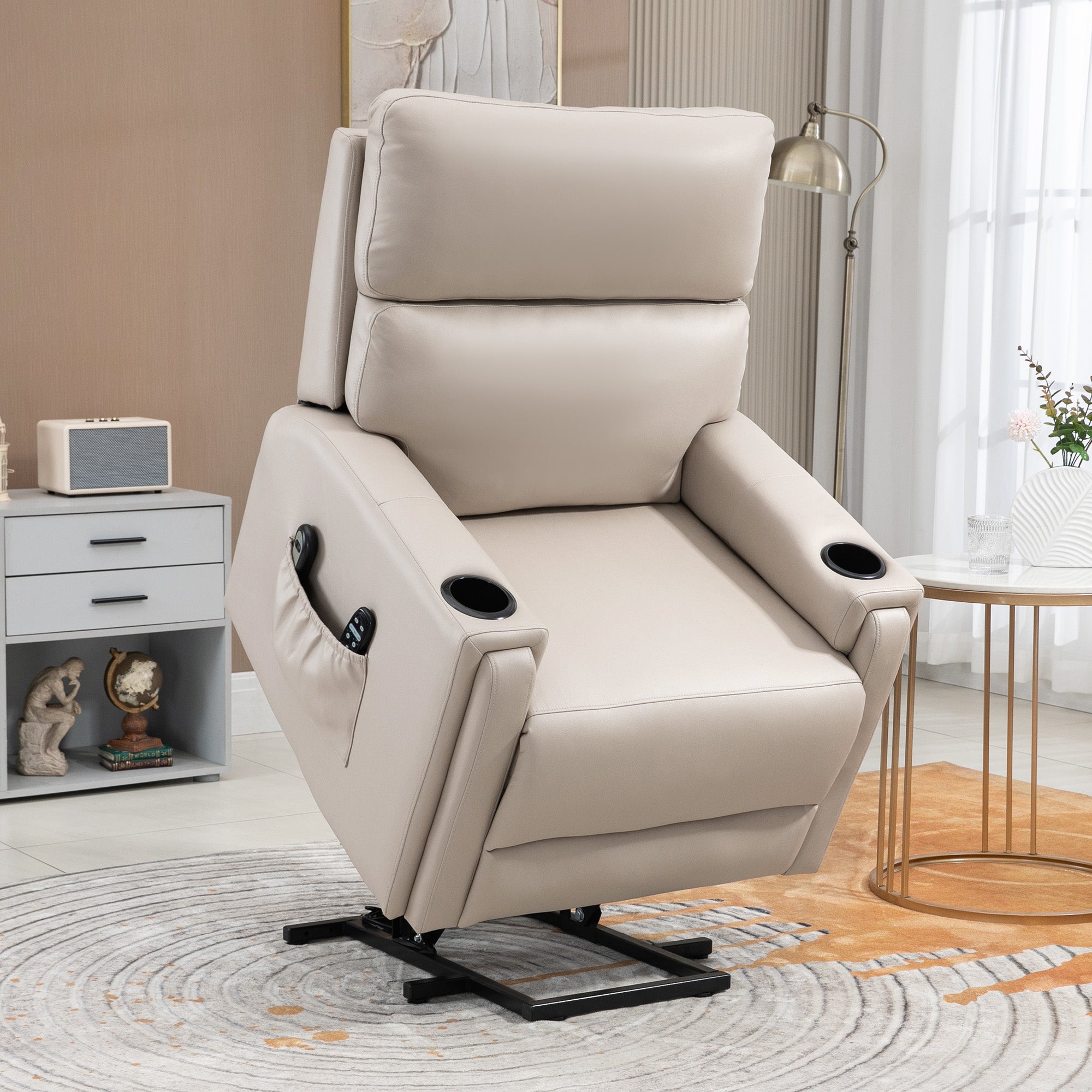 HOMCOM Riser and Recliner Chair for the Elderly, Electric Microfibre Upholstered Lift Chair with Vibration Massage and Heat, Quick Assembly, Remote Control, Cup Holders, Side Pockets, Beige